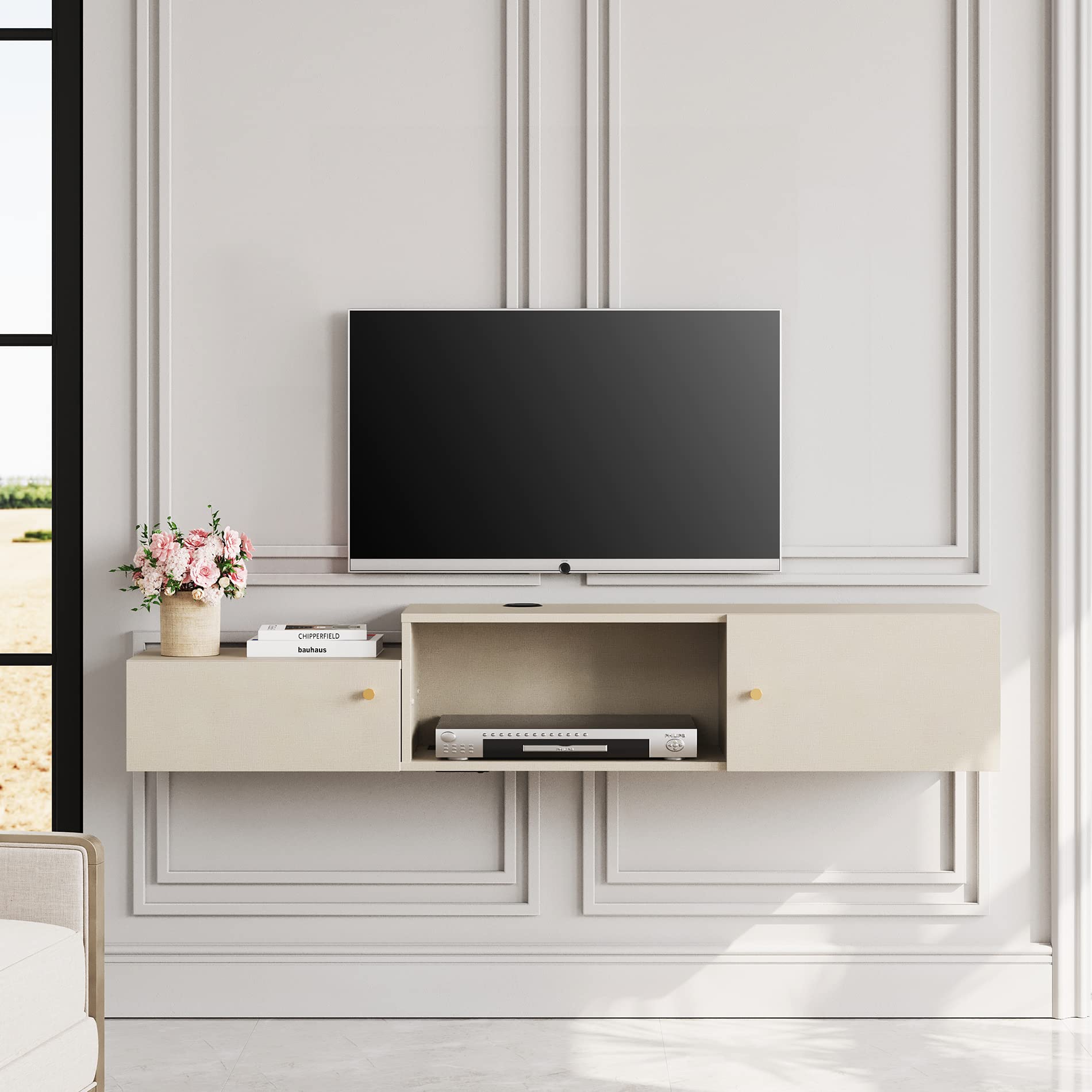 FITUEYES 59-Inch Floating TV Stand with Built-in Charging Station, Wall Mounted Entertainment Center with Storage - Modern Hanging Shelf for Living Room, Bedroom & Home Theater Setup