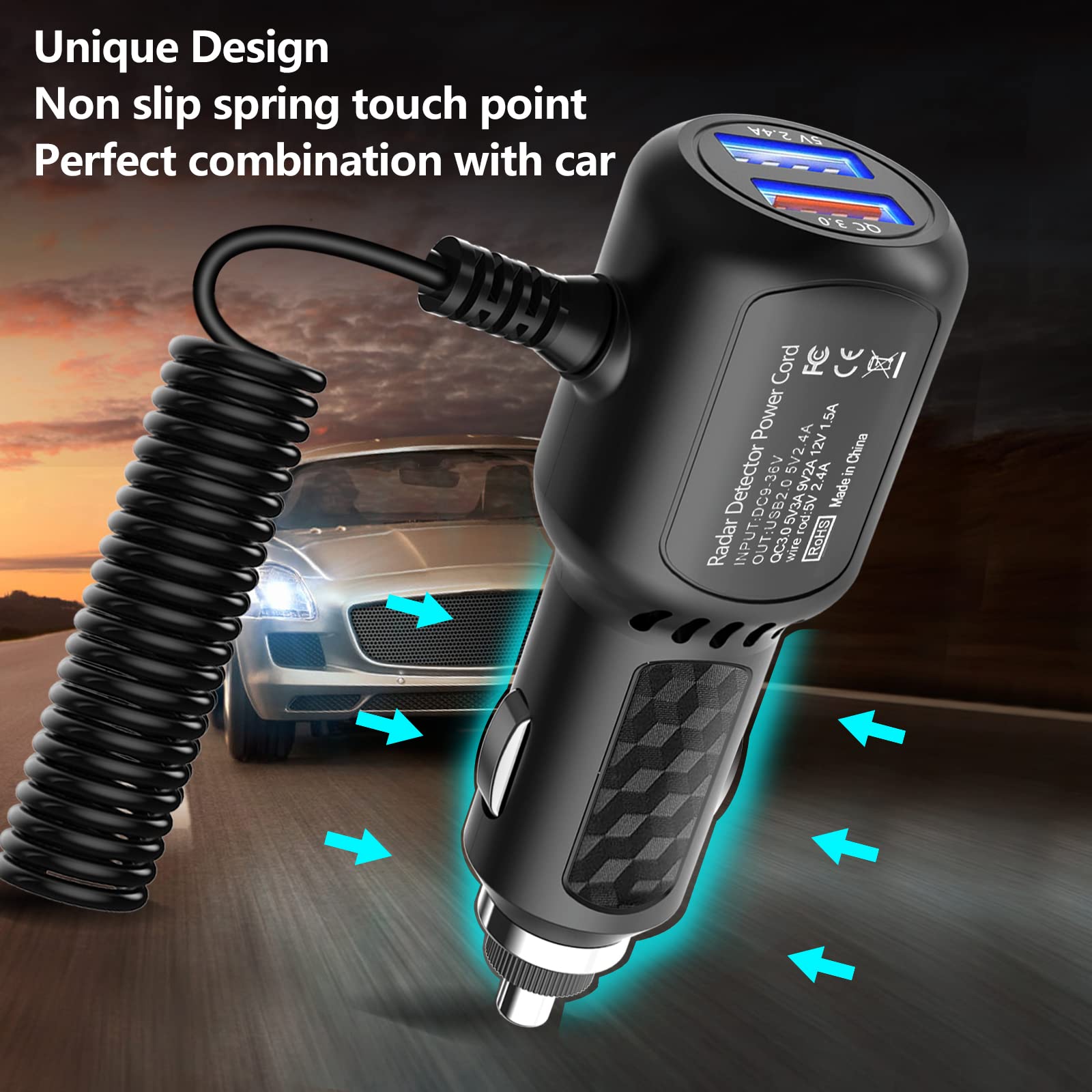 Uniden Escort Valentine Beltronics Passport Cobra Radar Detector Power Cord with Dual USB QC3.0 Fast Charger (RJ11) - Perfect for Road Trips & Highway Driving