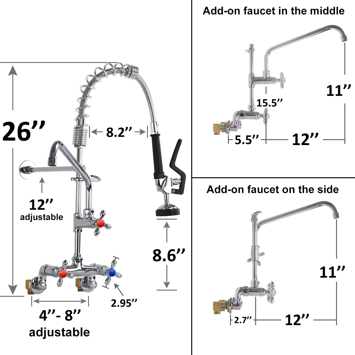 Commercial Kitchen Sink Faucet with Pre-Rinse Sprayer - Adjustable 4'' to 8'' Wall Mounted Restaurant Faucet with 12'' Swing Spout (26'' Height) - Perfect for Restaurants, Cafes & Commercial Kitchens