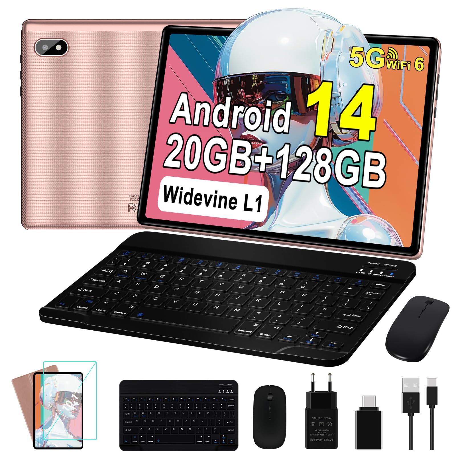 10 Inch Android 14 Tablet with 20GB RAM & 128GB ROM (Expandable to 1TB), 5G WiFi 6, Octa-Core Processor, GMS Certified, Bluetooth 5.0, 5MP+8MP Dual Camera, 1280x800 FHD Display, 2025 Newest Widevine L1 Tablet with Keyboard & Mouse (Pink) - Perfect for Work, Study, and Entertainment