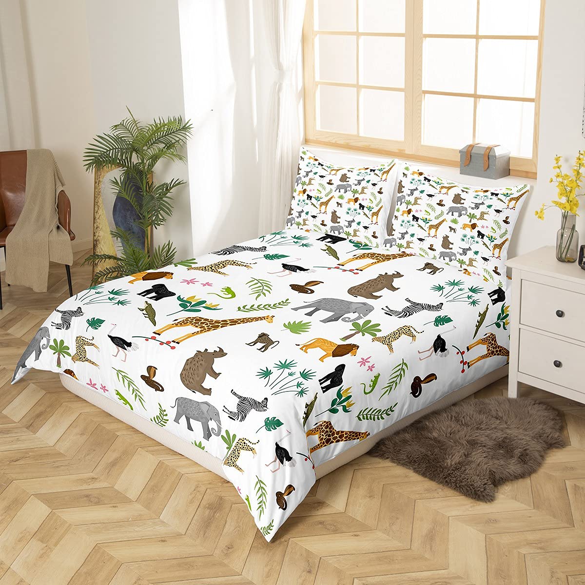 Erosebridal Leopard Print Comforter Cover Set - Lion, Elephant, Ostrich Jungle Theme Duvet Cover for Kids, Boys & Teens - Twin Size Wild Animal Bedding with Palm Leaves Design - Perfect for Jungle-Themed Bedrooms & Adventure Room Decor