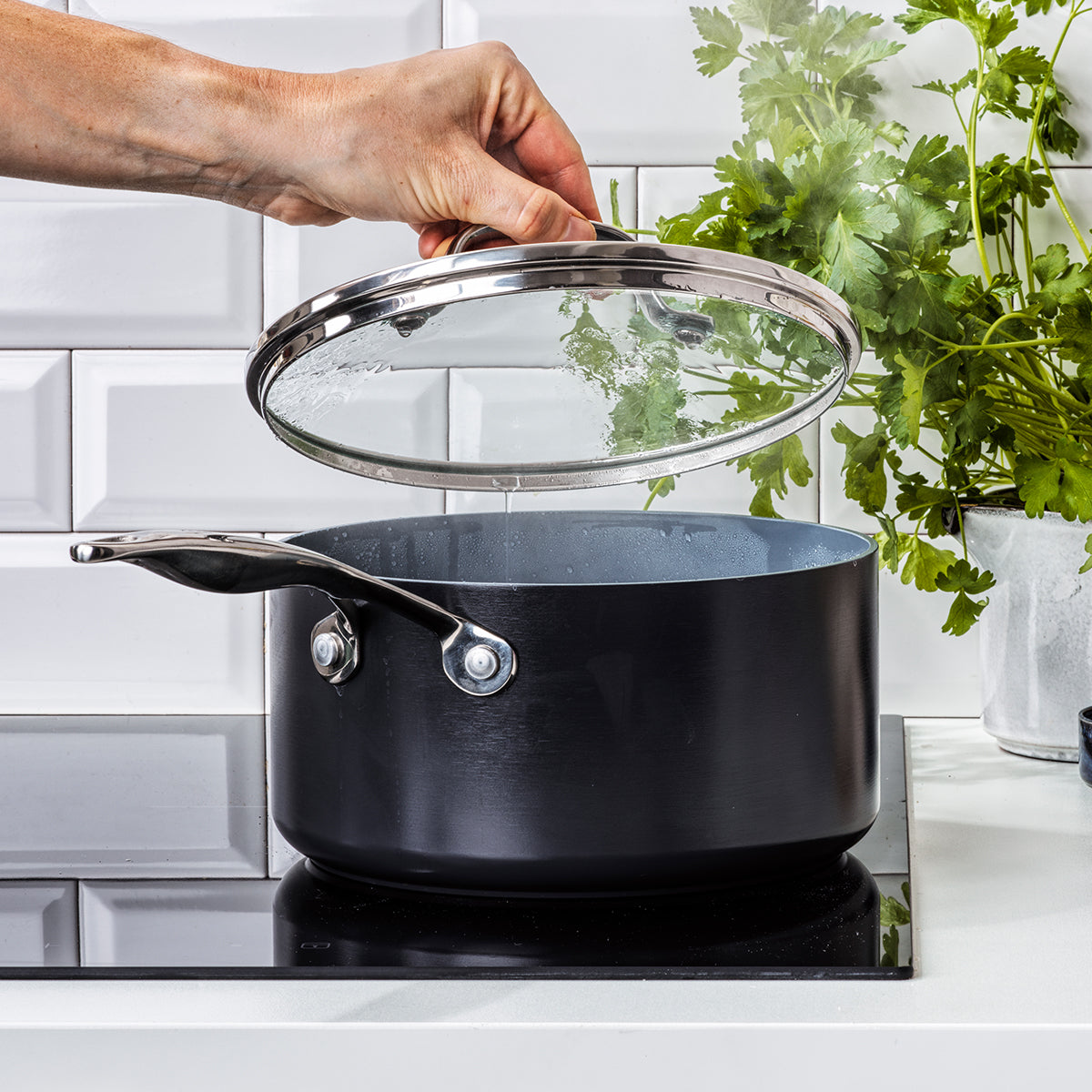 Valencia Pro Ceramic Nonstick 1.5 & 3 Quart Saucepan Set with Glass Lids - Perfect for Cooking, Boiling & Simmering Soups, Pasta & Sauces