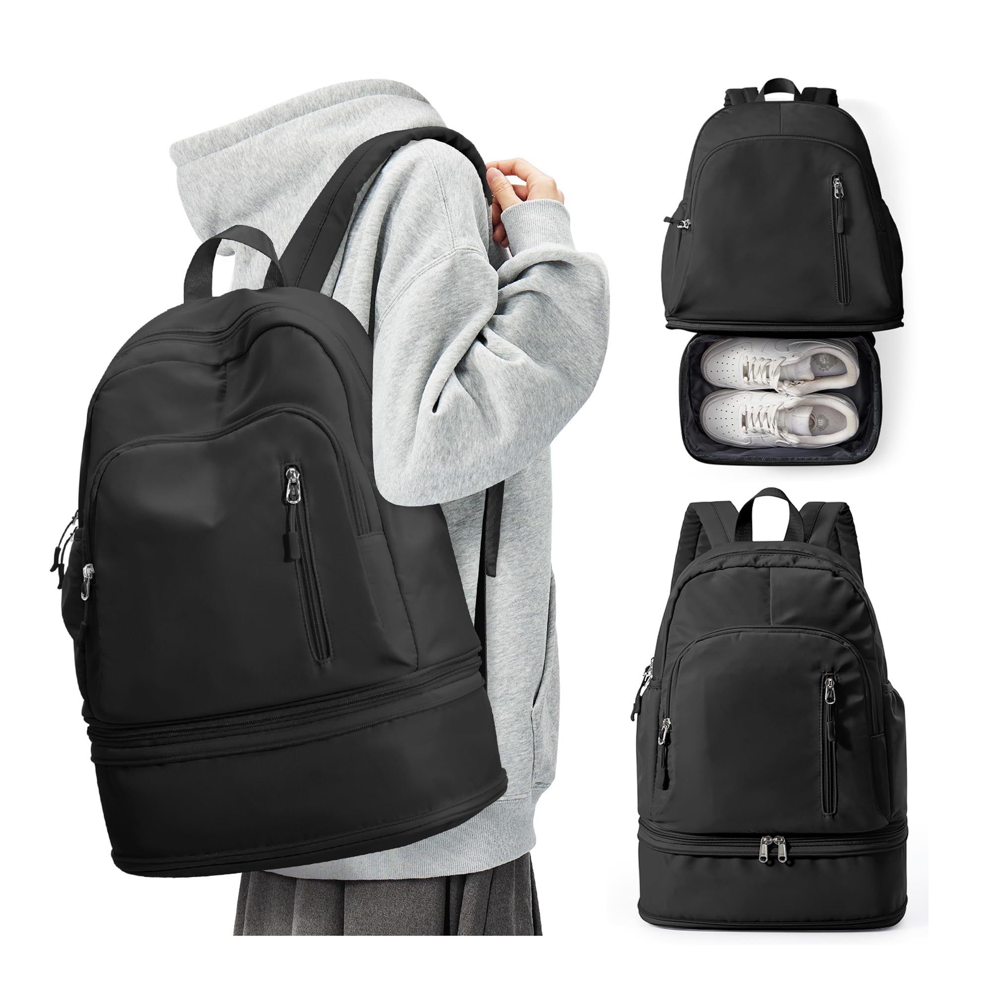 Waterproof Lightweight Gym Backpack for Women & Men - Small Black Sports Bag with Expandable Shoe Compartment - Perfect for Travel, Hiking, Yoga, Fitness & Everyday Use