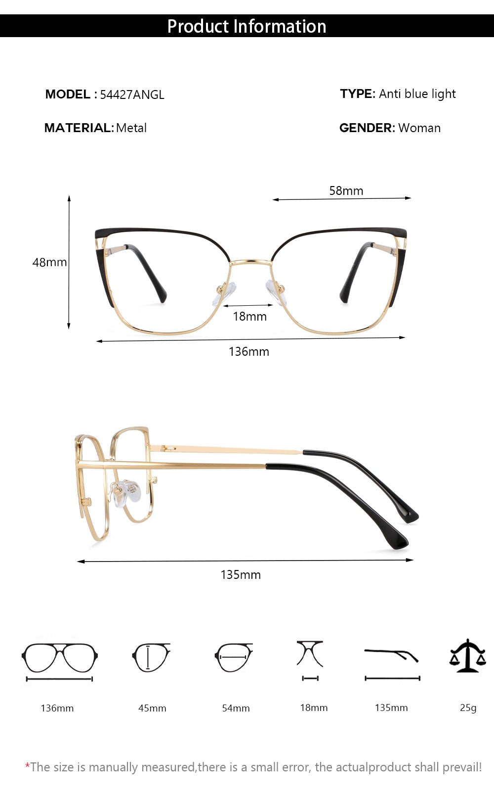 CCspace Women's Full Rim Square Cat Eye Titanium Eyeglasses Frame 54427 - Lightweight & Durable for Work, Reading & Fashion