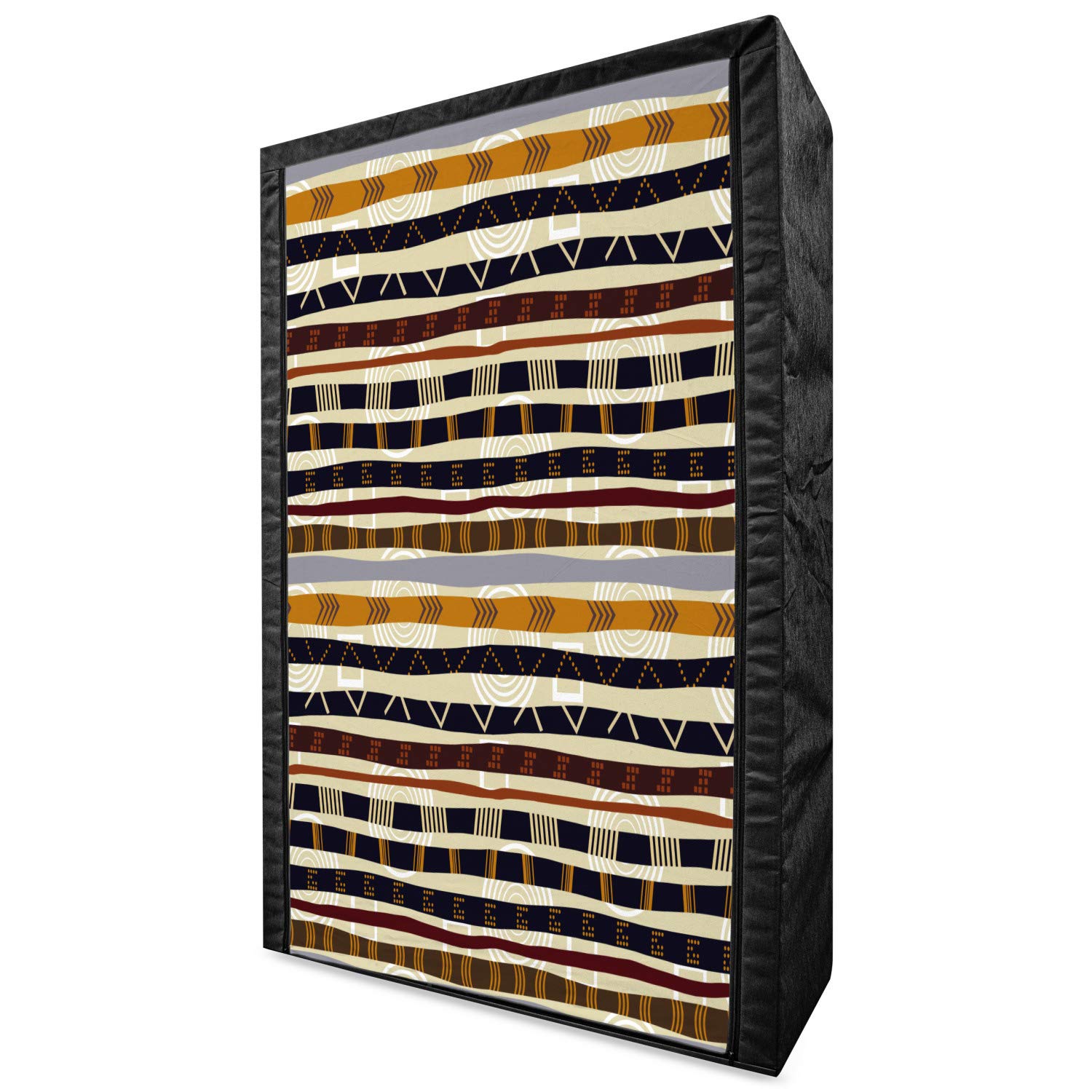 Ambesonne Abstract Portable Fabric Wardrobe - Ethnic Geometric Striped Pattern in Earth Tones, 42.5 Inch Clothing Organizer with Shelves | Multicolor Storage Closet for Bedroom, Dorm, or Small Space Organization
