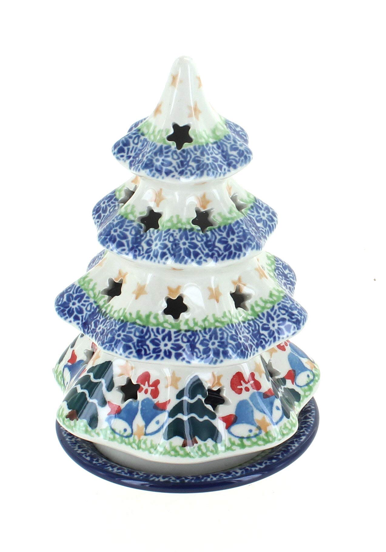 Blue Rose Polish Pottery Winter Bells Christmas Tree Luminary - Handmade Ceramic Holiday Decor for Christmas, Winter, and Home Decoration