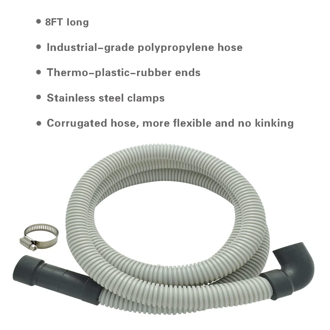 Universal Dishwasher Drain Hose with Elbow - 8 Ft Flexible Corrugated Discharge Hose Replacement with Clamp | Compatible with Most Dishwashers | Ideal for Kitchen Appliance Repair and Installation