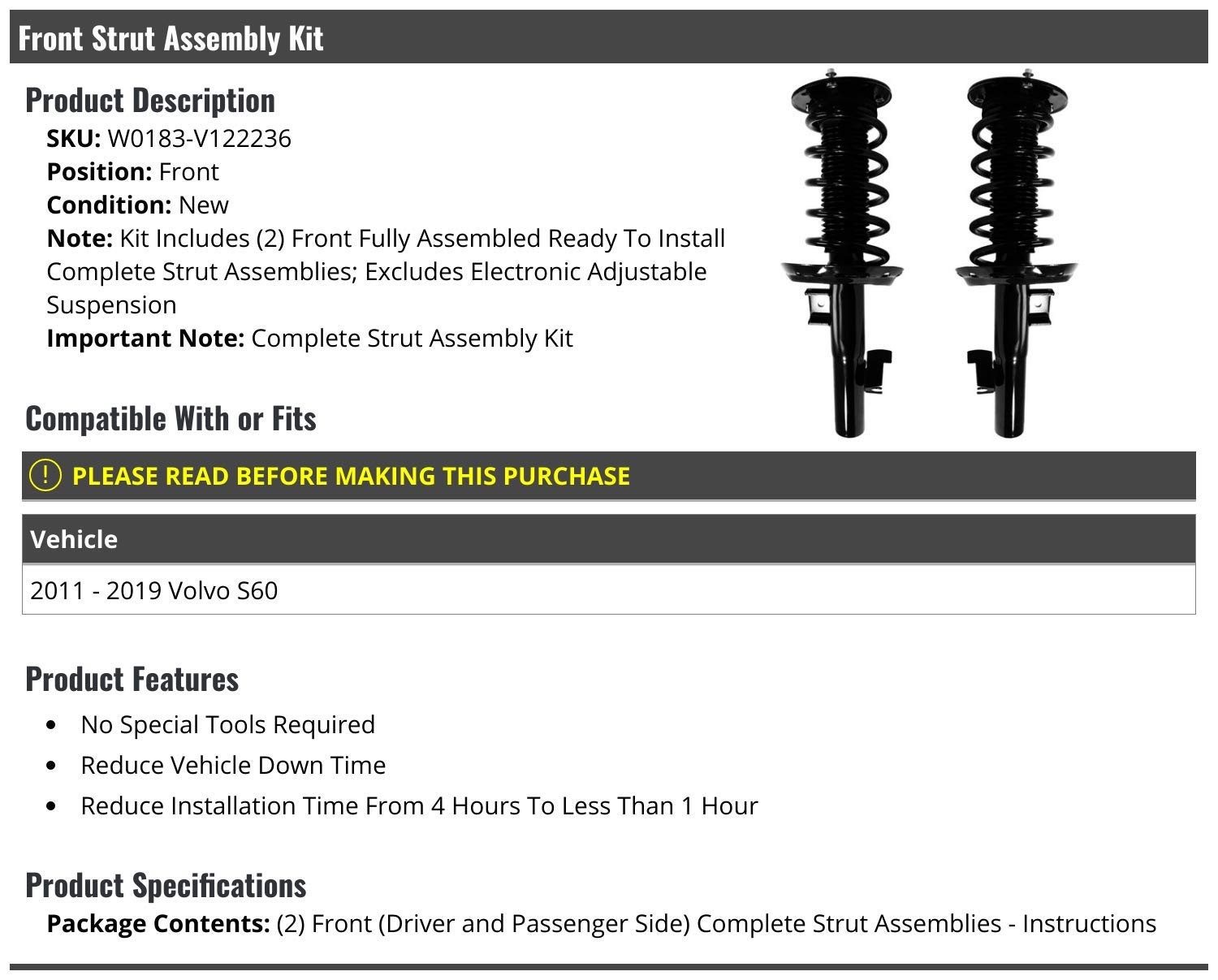 Volvo S60 Front Strut and Coil Spring Assembly Kit (2011-2019) - 2 Piece Set for Smooth Ride & Enhanced Suspension - Perfect for Daily Commute & Road Trips