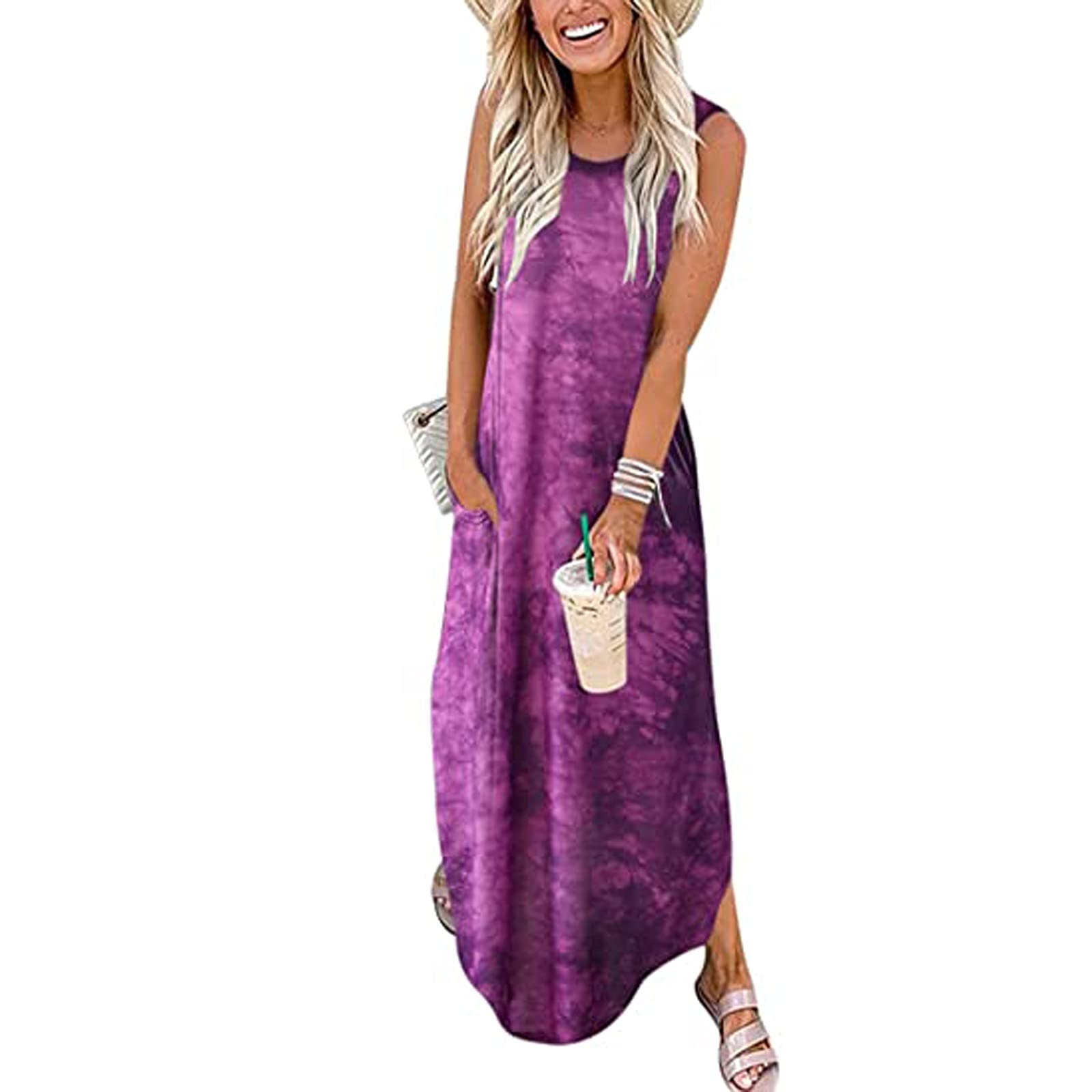 Kansopa Women's Tie-Dye Maxi Dress - Floral Print Casual Loose Summer Dress with Sleeves for Beach, Vacation & Outdoor Activities