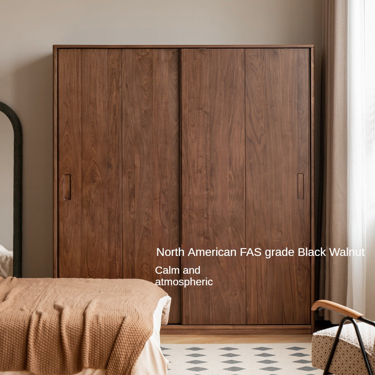 Premium Black Walnut Solid Wood Sliding Door Wardrobe Closet - Modern Bedroom Storage Solution for Home & Office Organization