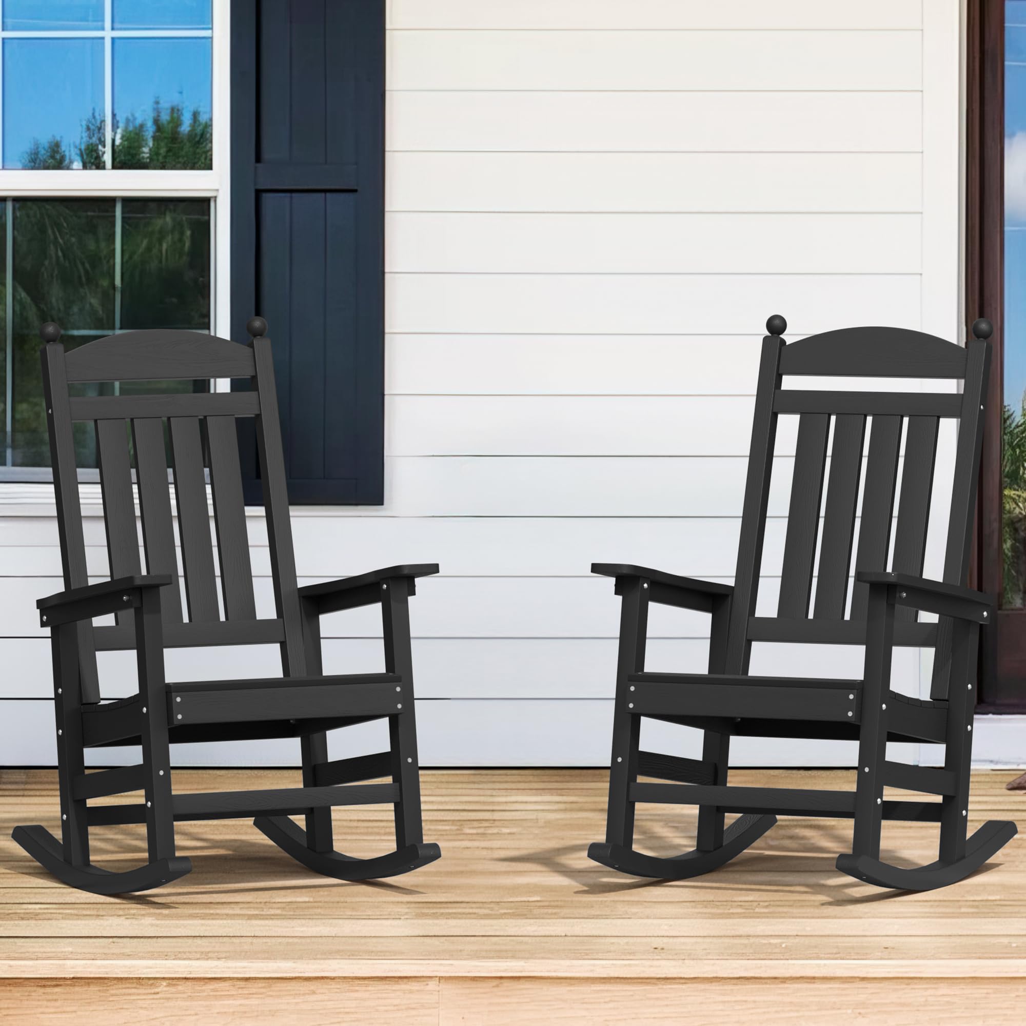 2-Pack All-Weather Outdoor Rocking Chairs - Heavy Duty 350Lbs Capacity HDPS Composite High-Back Porch Rockers for Patio, Garden, Backyard & Indoor Use - Perfect for Relaxing, Reading & Sunbathing (Black)