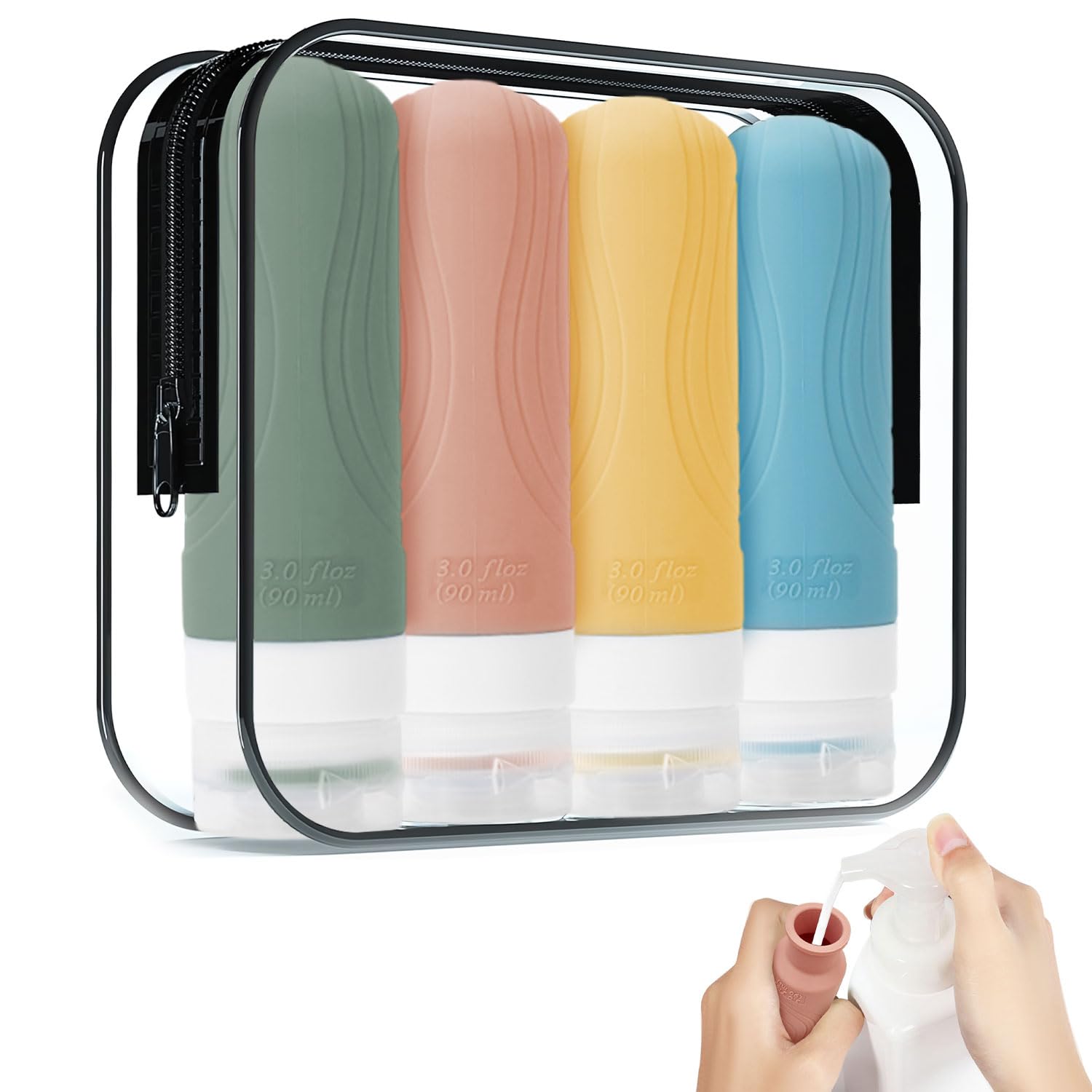BendJoy 4-Piece Silicone Travel Bottle Set (90ml) - Leak Proof Toiletry Containers for Shampoo, Conditioner & Shower Gel - Perfect for Women & Men Travel Essentials - Ideal for Airplane Carry-On, Gym Bag & Weekend Getaways