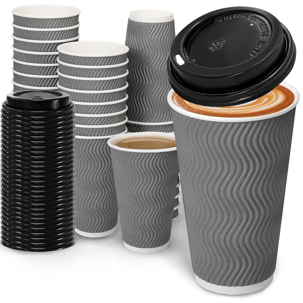 16oz Insulated Paper Coffee Cups with Lids - 100 Pack Disposable Ripple Design Cups for Hot & Cold Beverages - Perfect for Coffee, Tea, Juice, Water - Ideal for Offices, Cafes, Parties & Home Use (Gray)