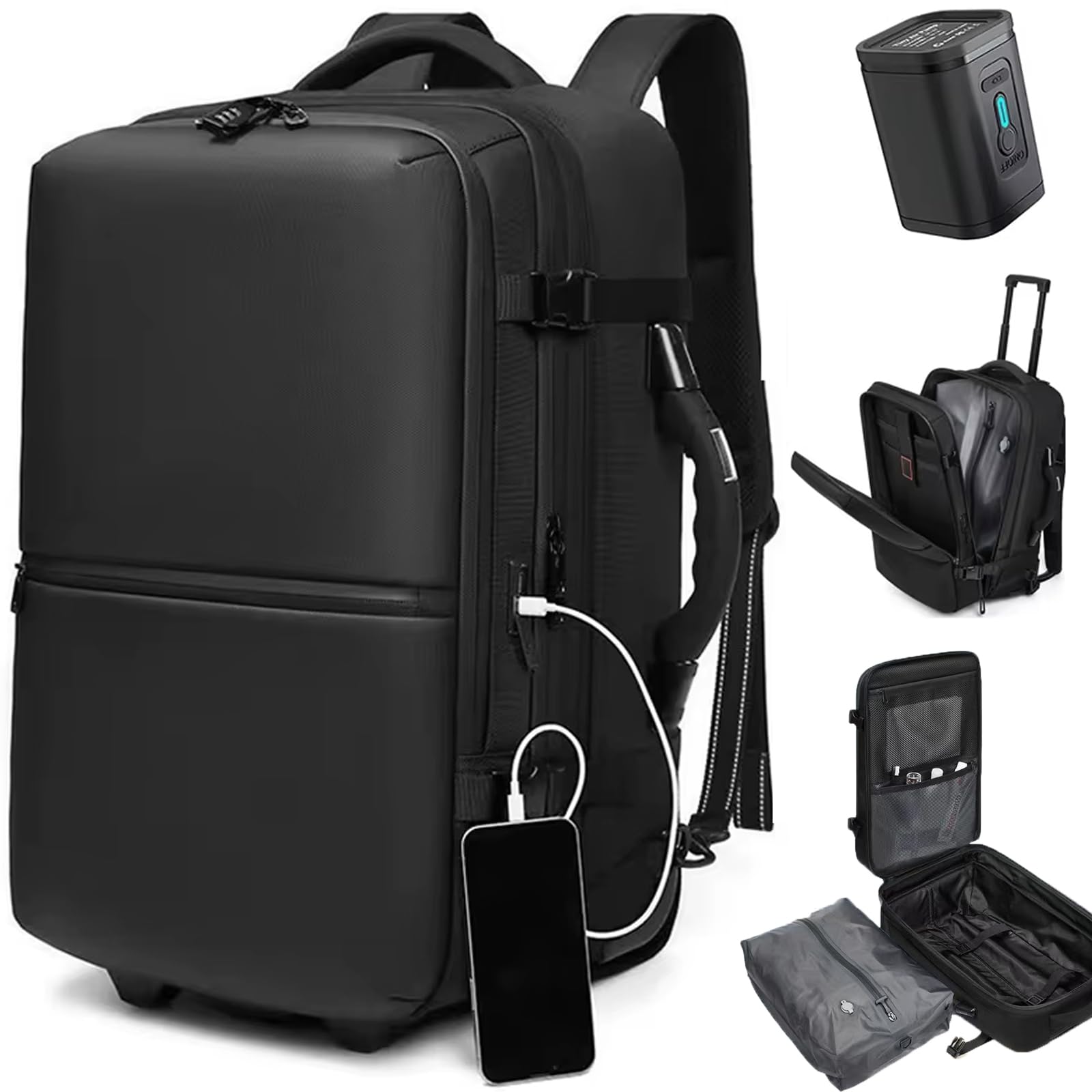 60L Expandable Waterproof Travel Backpack with Wheels & Air Vacuum Compression - TSA Approved Carry On Luggage for Men, 17 Inch Laptop Compartment (Includes Pump) - Perfect for Air Travel, Camping & Business Trips