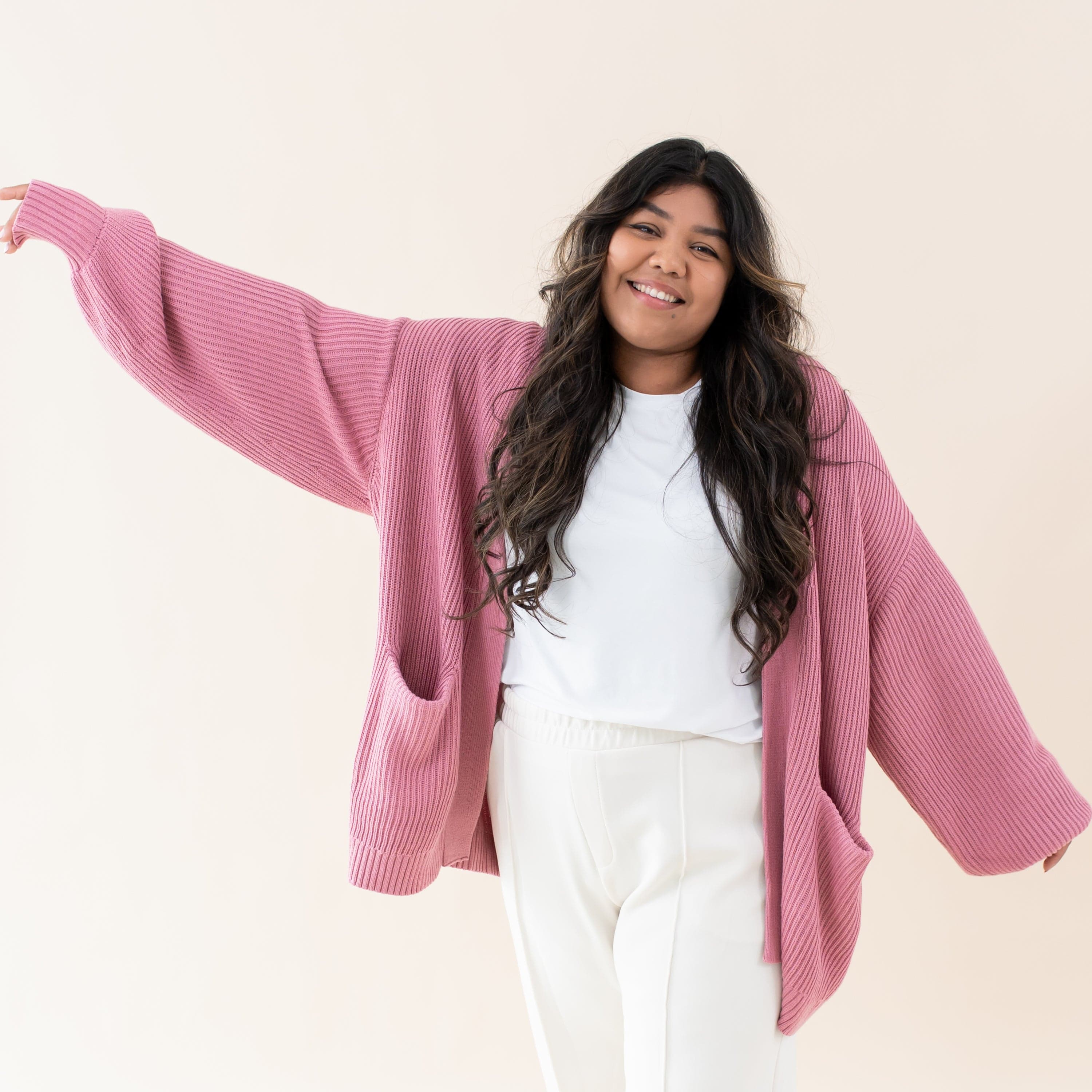 Chunky Knit Women's Oversized Cardigan Sweater - Soft Apple Blossom Pink Open Front Long Sleeve Cozy Wrap for Fall Winter Fashion, Lounge & Coffee Dates