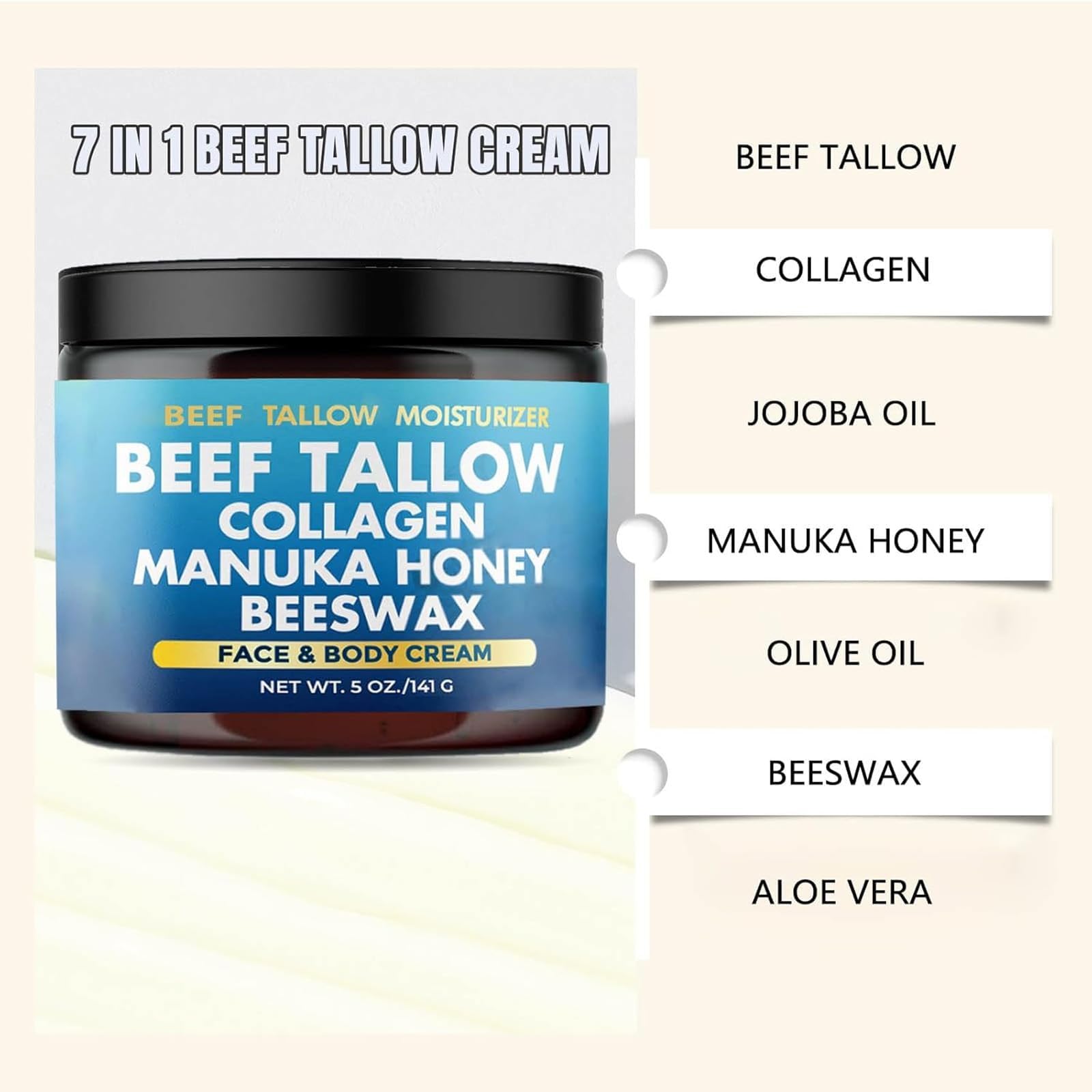Organic 7-in-1 Grass-Fed Tallow Moisturizer with Manuka Honey & Beeswax - Collagen Rich Face & Body Balm for All Skin Types - Hydrating Lip Care, Dry Skin Relief & Natural Skincare Solution for Daily Use, Travel & Sensitive Skin Protection