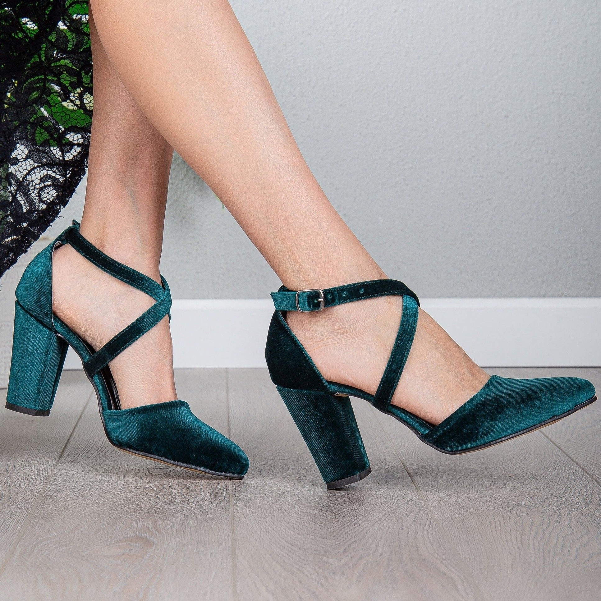 Sina Green Velvet Criss Cross Strap High Heels for Women - Elegant Party Shoes for Weddings, Prom & Evening Events