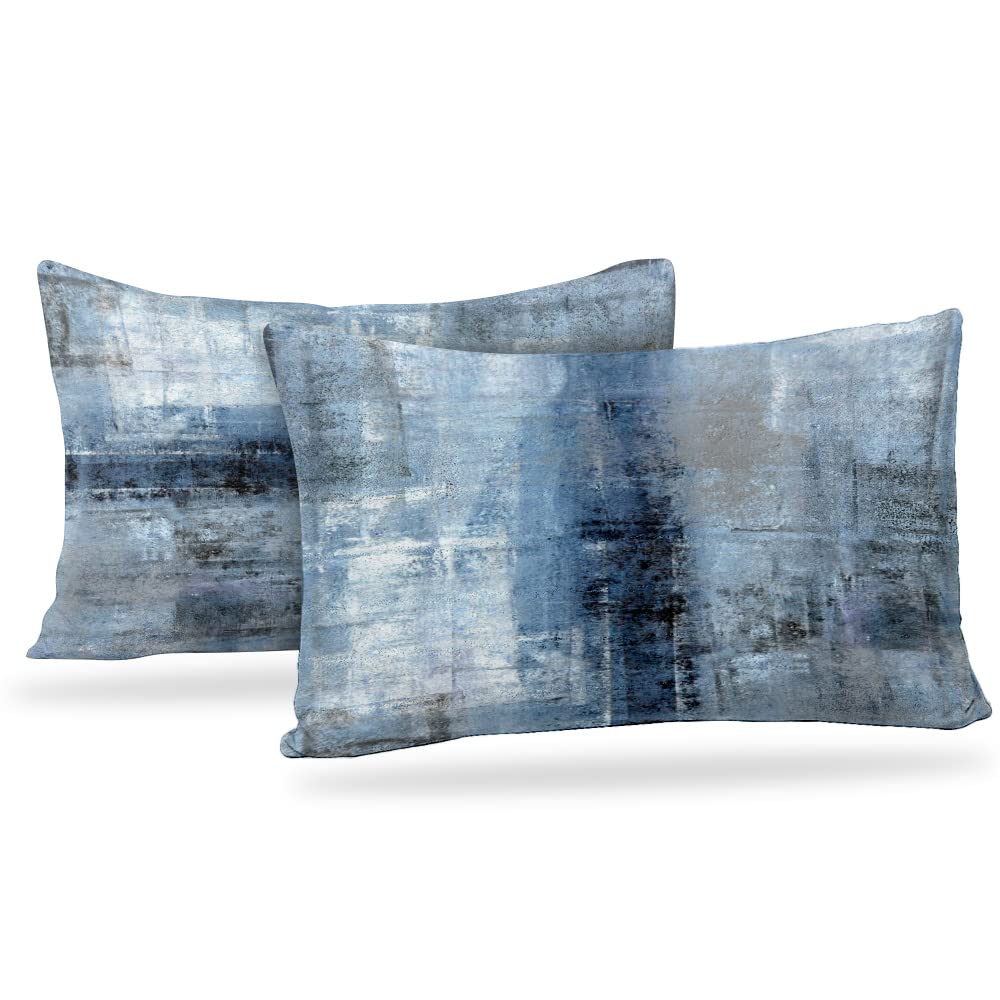 Blue and Grey Abstract Art Throw Pillow Covers Set of 2 - 12x20 Inch Modern Decorative Cushion Covers for Sofa, Bedroom & Living Room - Perfect for Home Decor, Accent Pillows and Cozy Interior Styling