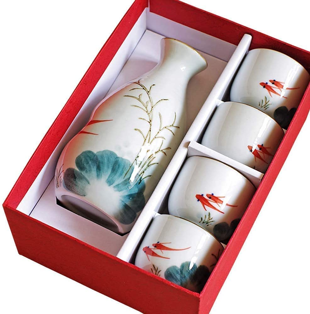 Japanese Sake Set - Hand-Painted Porcelain Ceramic Sake Bottle & Cups with Goldfish Water Pattern, Traditional Craft Gift for Home Bar, Dinner Party & Japanese Culture Enthusiasts