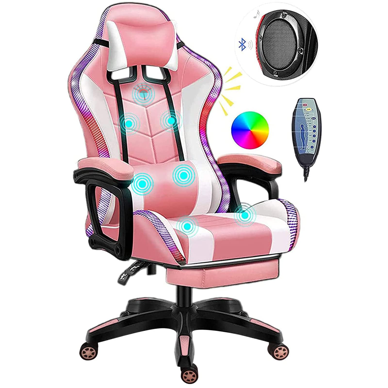 WLYMQFC Ergonomic Gaming Chair with LED Lights, Massage & Footrest - Bluetooth Speakers, Adjustable Armrests & Reclining Backrest - PU Leather Computer Desk Chair for PC Gamers (Pink) - Perfect for Esports, Streaming & Home Office Setup