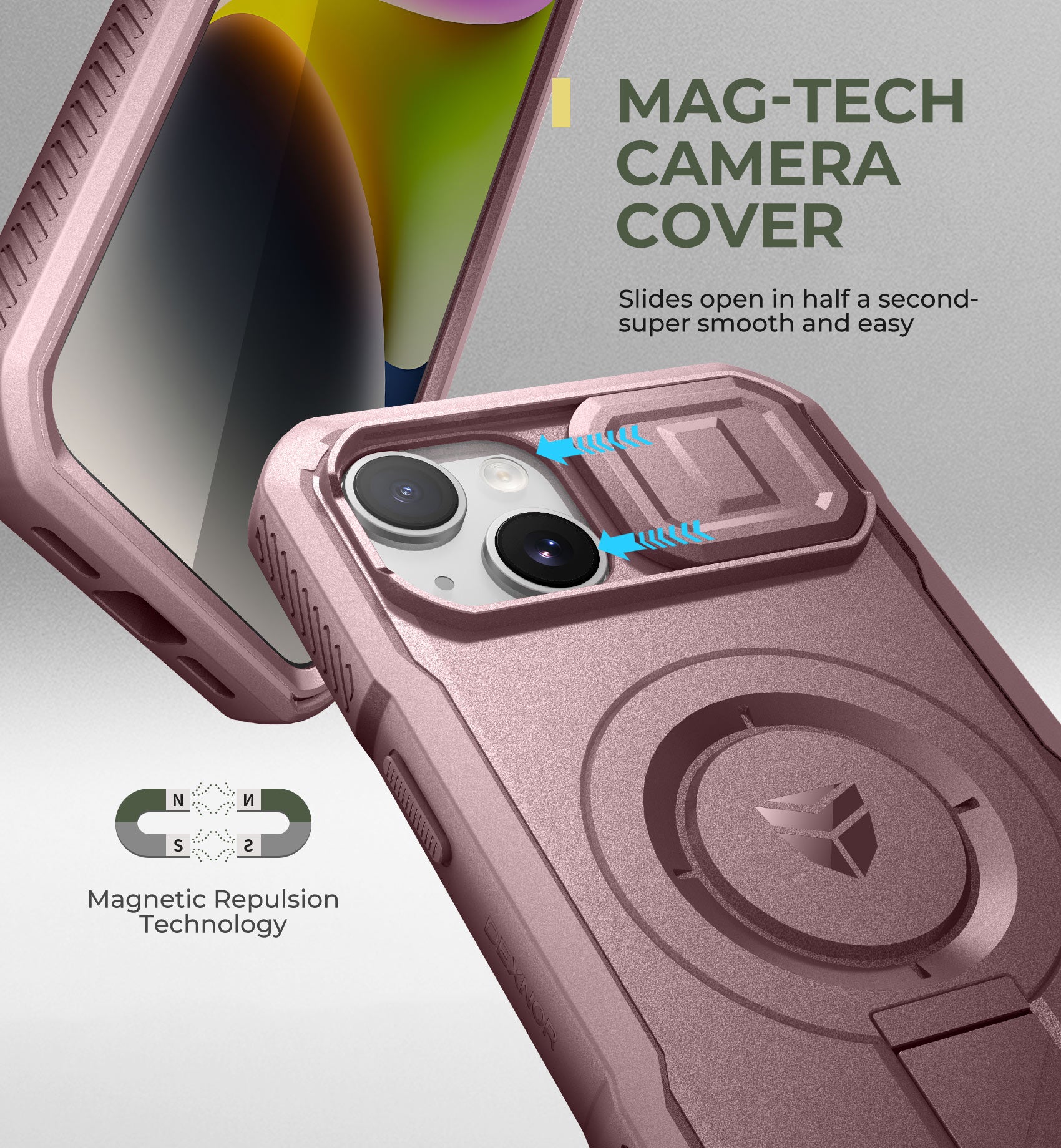 Dexnor Rugged iPhone 13/14 Case with Built-in Screen Protector, Slide Camera Cover & 360° MagSafe - Shockproof Protective Cover for Outdoor, Travel & Daily Use