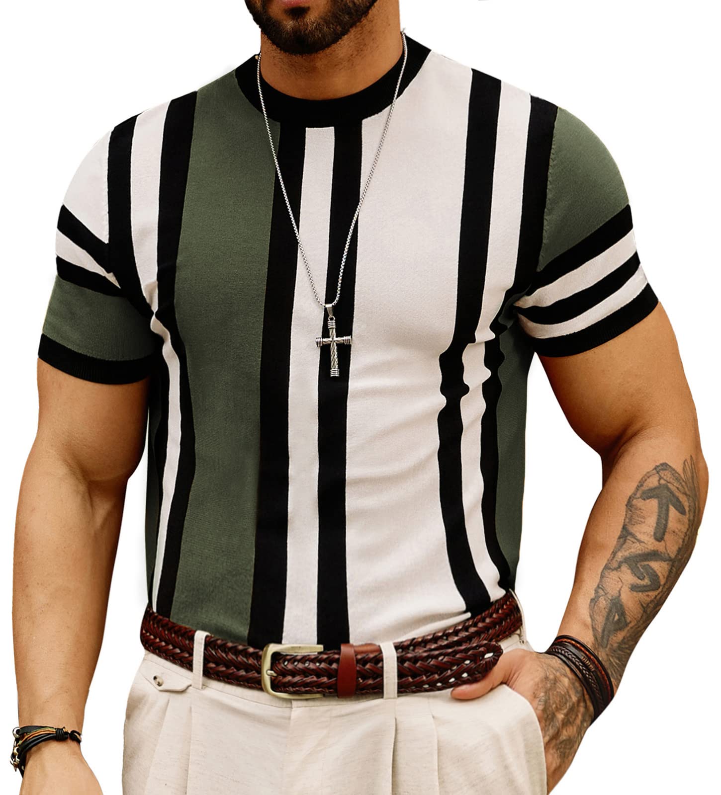 GRACE KARIN Men's Striped Crewneck T-Shirt - Soft Cotton Short Sleeve Casual Knit Tee for Everyday Wear, Work & Weekend Outfits