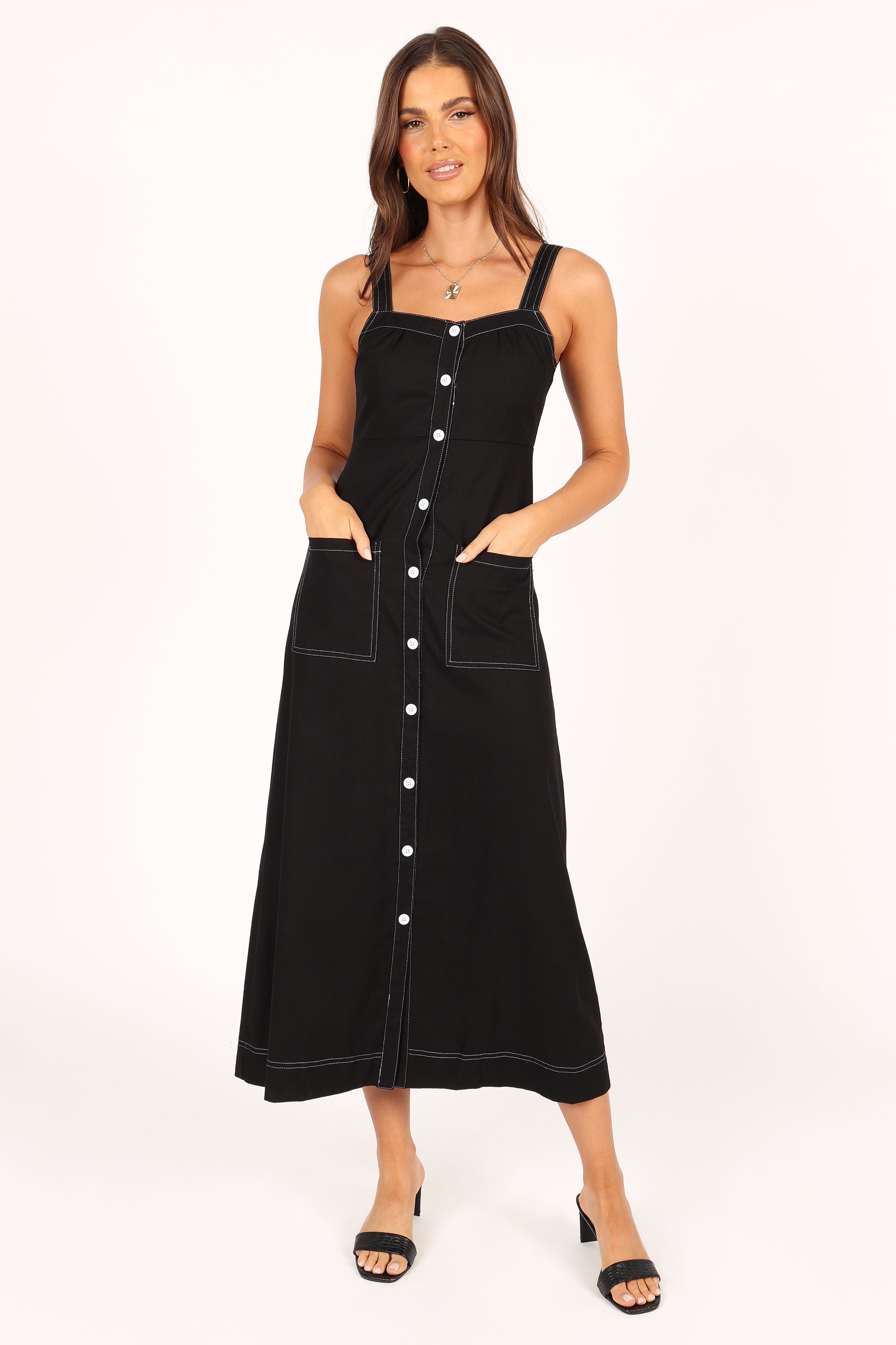 Stylish Estelle Contrast Stitch Midi Dress in Black - Perfect for Office Wear, Cocktail Parties & Date Nights