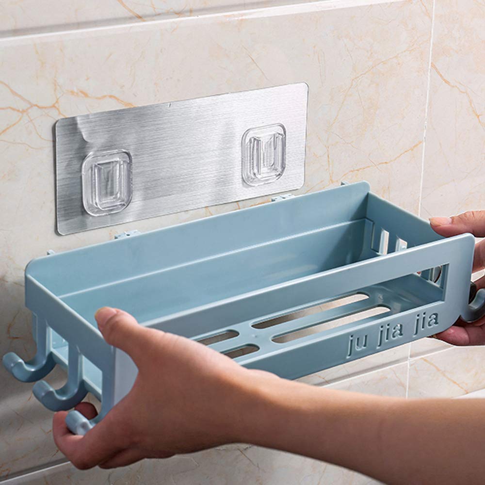 Rectangle Bathroom Shelf with 9 Hooks - Wall Mounted Plastic Shower Caddy Organizer for Shampoo, Soap & Toiletries - Space Saving Bath Corner Storage Solution for Small Bathrooms & Showers