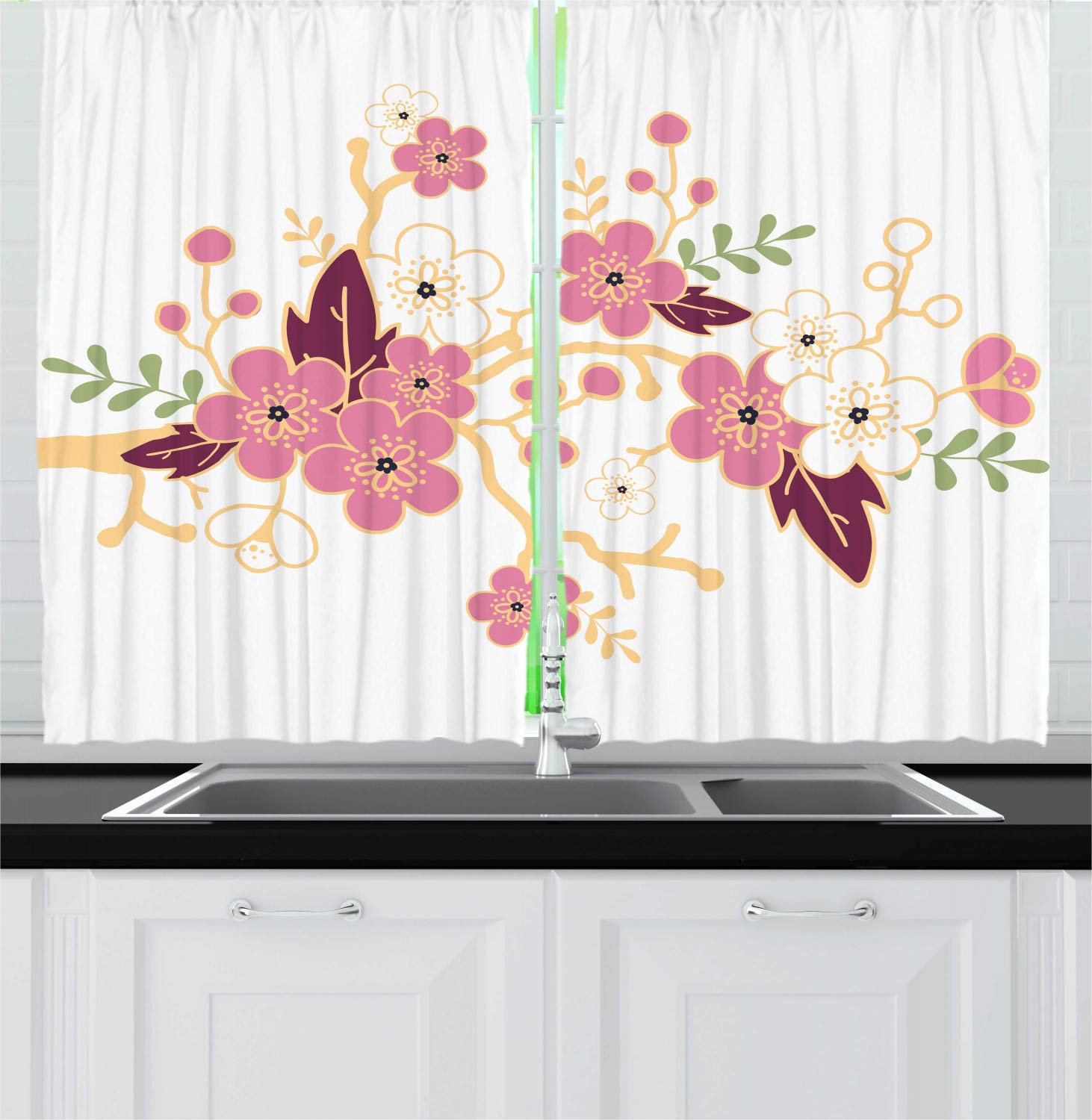 Ambesonne Almond Blossom Kitchen Curtains - Floral Spring Window Drapes 2 Panel Set, 55