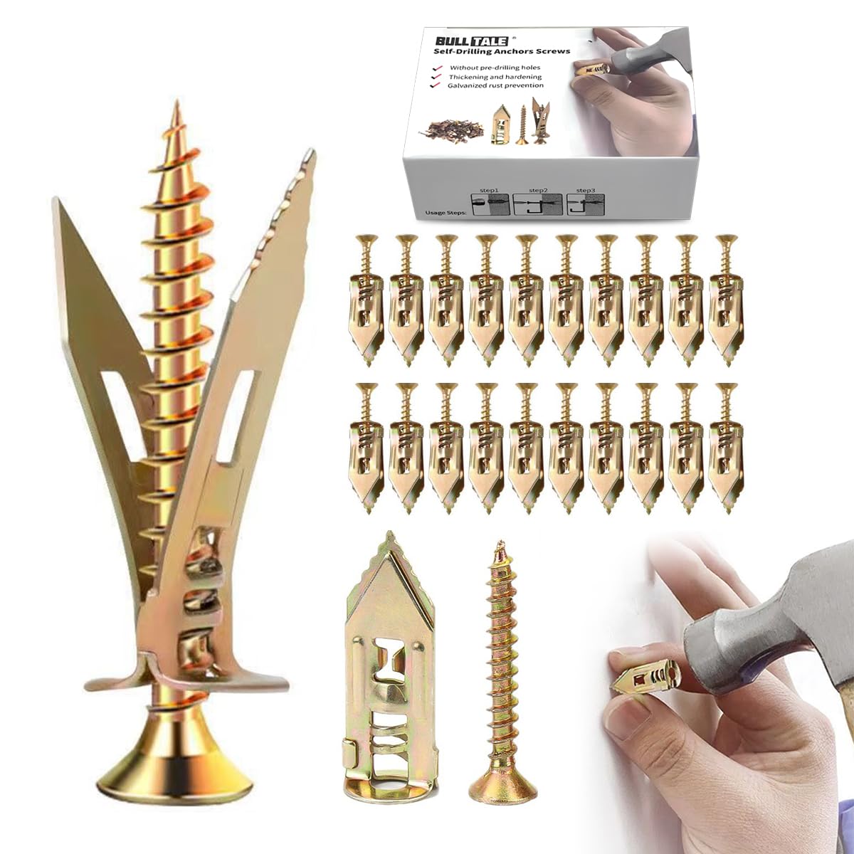 Self-Drilling Drywall Anchors Kit (20pcs, 1.18IN) - Heavy Duty Wall Anchors for Drywall, Door Hinge Repair & Home Improvement - Perfect for Garden Statues, Patio Furniture & Outdoor Decor Installation