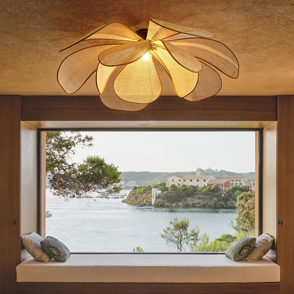 Rattan Multi-Petal Translucent Pendant Light - Boho Ceiling Fixture for Bedroom, Dining Room & Living Room Decor