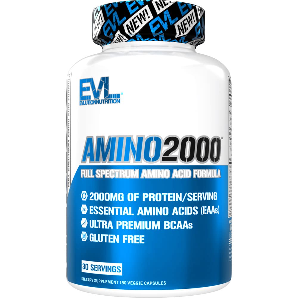 EVLUTION NUTRITION Amino 2000 Capsules - 2G Essential Amino Acids for Muscle Recovery, Performance & Endurance | Keto Friendly, Sugar Free, Stimulant Free (30 Servings) | Pre-Workout & Post-Workout Supplement for Athletes & Fitness Enthusiasts