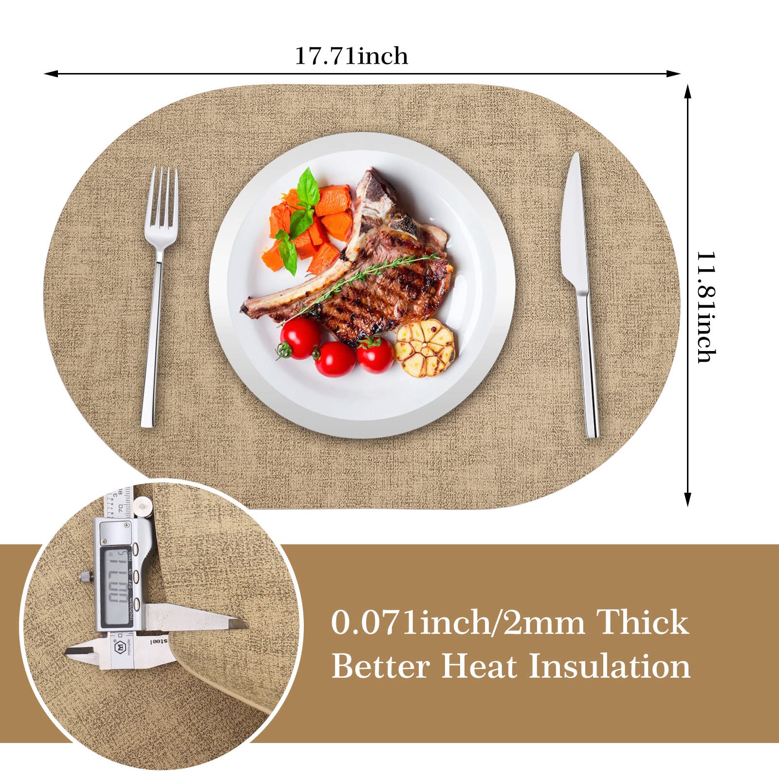 **ANUNU Set of 6 Double-Sided Faux Leather Placemats – Heat Resistant, Waterproof, Non-Slip Oval Dining Table Mats for Kitchen & Home Decor (Camel) – Perfect for Everyday Meals, Dinner Parties & Holiday Gatherings**