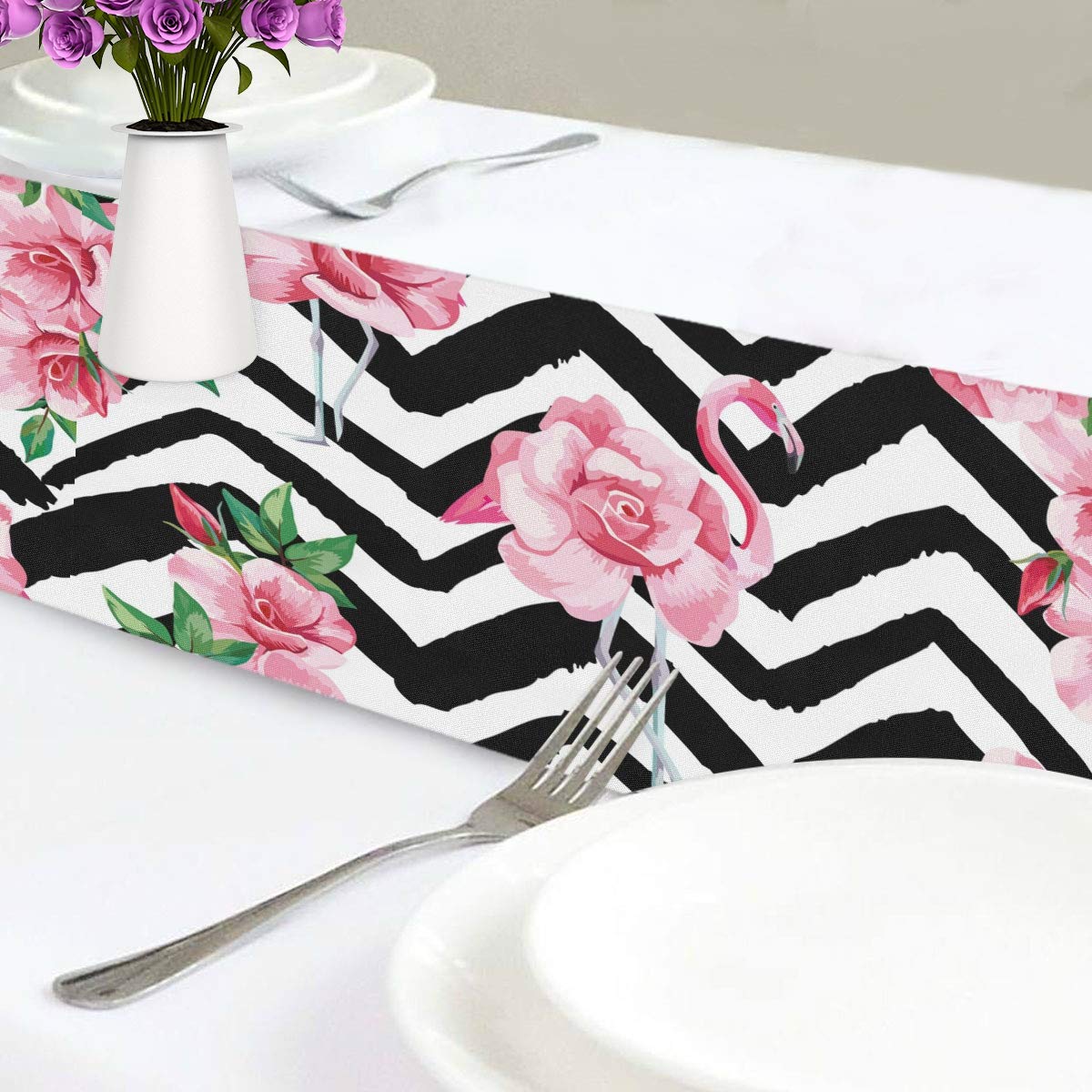 Pink Flamingo Table Runner - Striped Polyester Decor for Parties & Dinners
