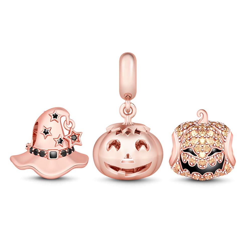 GNOCE 3-Piece Sterling Silver Halloween Charm Set - Pumpkin Lantern & Witch Hat Charms for Jewelry Making, Bracelets & Necklaces | Perfect for DIY Crafts, Halloween Costumes & Party Favors