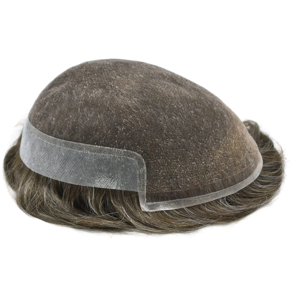 Natural Mens Toupee Human Hair Replacement System - Swiss Lace Base with PU Bleached Knots - 8x10 Inch Light Medium Density Hairpiece (Dark Ash Blonde 1720# with 20% Gray) - SINGA HAIR - Perfect for Daily Wear, Special Occasions & Hair Loss Solutions