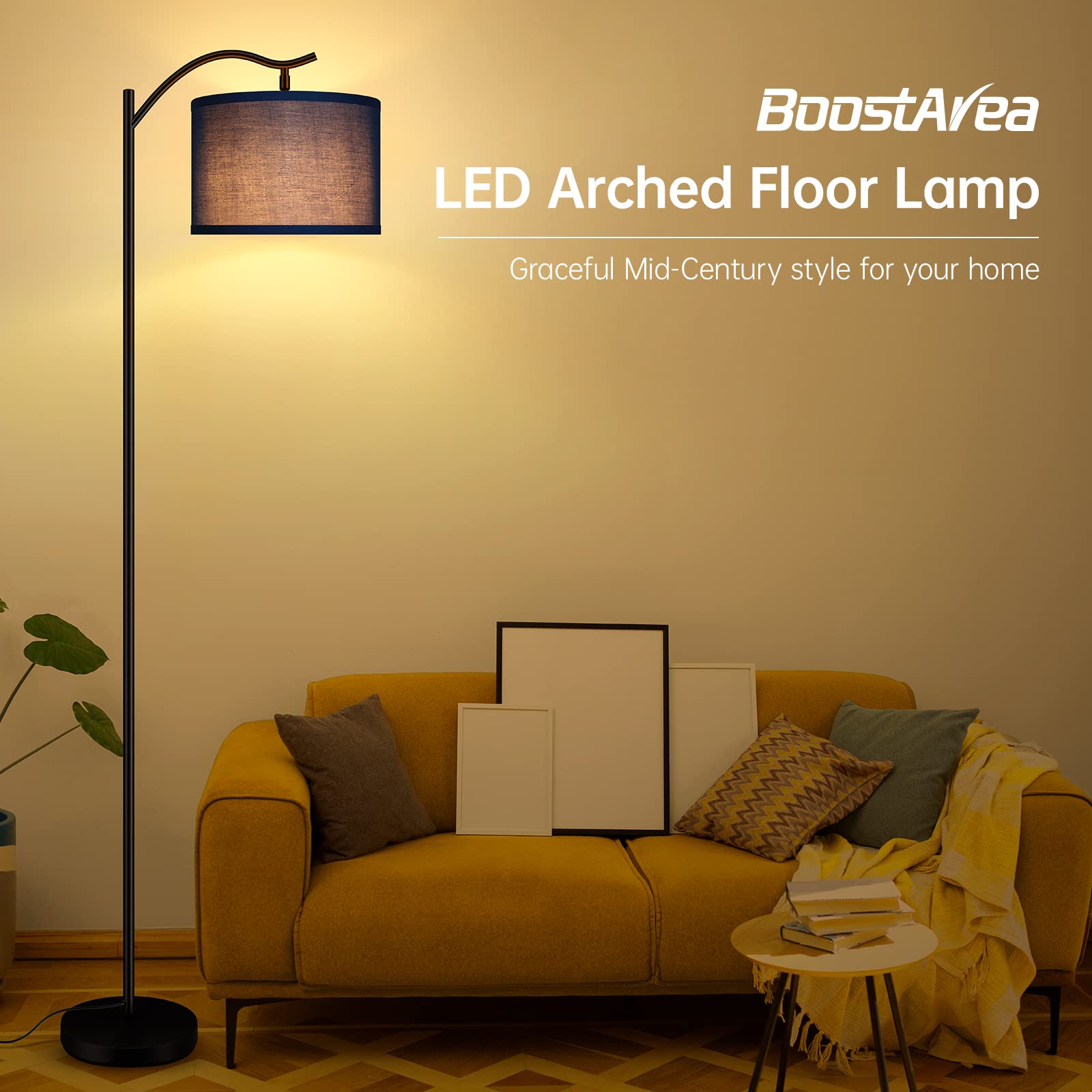 Modern LED Arched Floor Lamp with Blue Linen Shade - Tall Standing Light for Living Room, Bedroom, Office & Corner - E26 Socket & Footswitch - Mid Century Design for Home Decor & Reading Nook