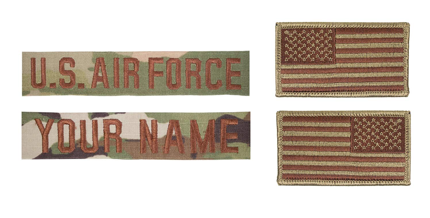 USAF Spice Brown OCP Name Tape and Flag Bundle Set - Military Uniform Patches for Air Force Personnel | Perfect for Uniform Customization, Tactical Gear & Military Events