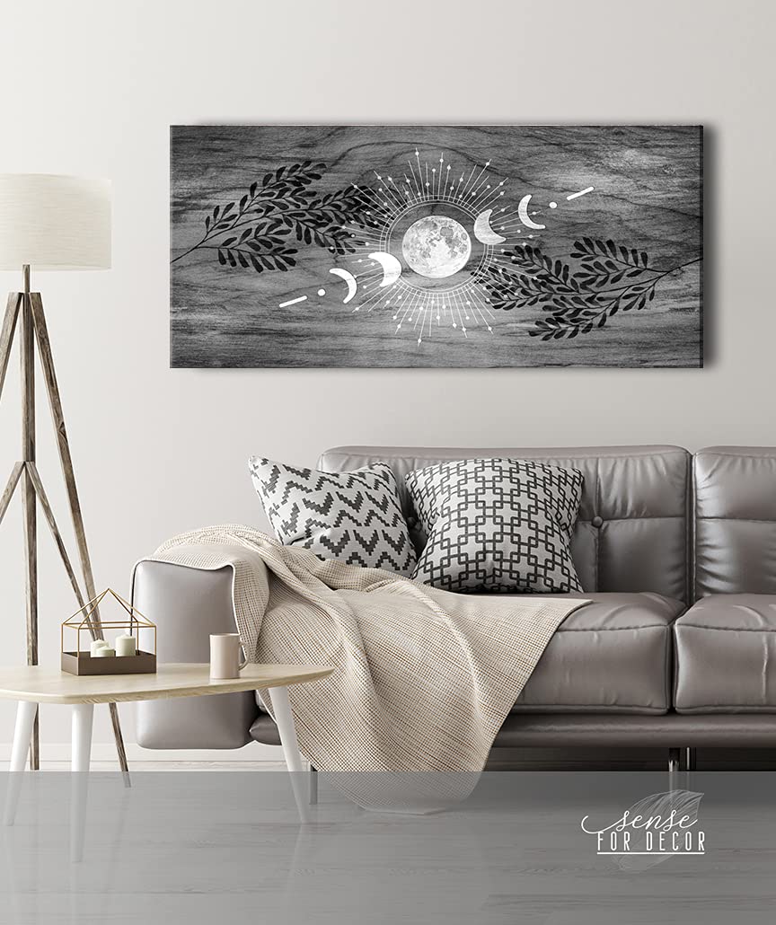 Boho Moon Phases Framed Large Canvas Wall Art - Bohemian Home Decor with Modern Rustic Style (Grey, 42x19 Inches) - Perfect for Living Room, Bedroom & Office Wall Decor