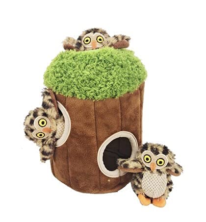 Interactive Hide and Seek Plush Dog Toy with Squeaker - Owl in Tree Design for Small & Medium Dogs | Fun Burrow Game for Indoor Play & Training