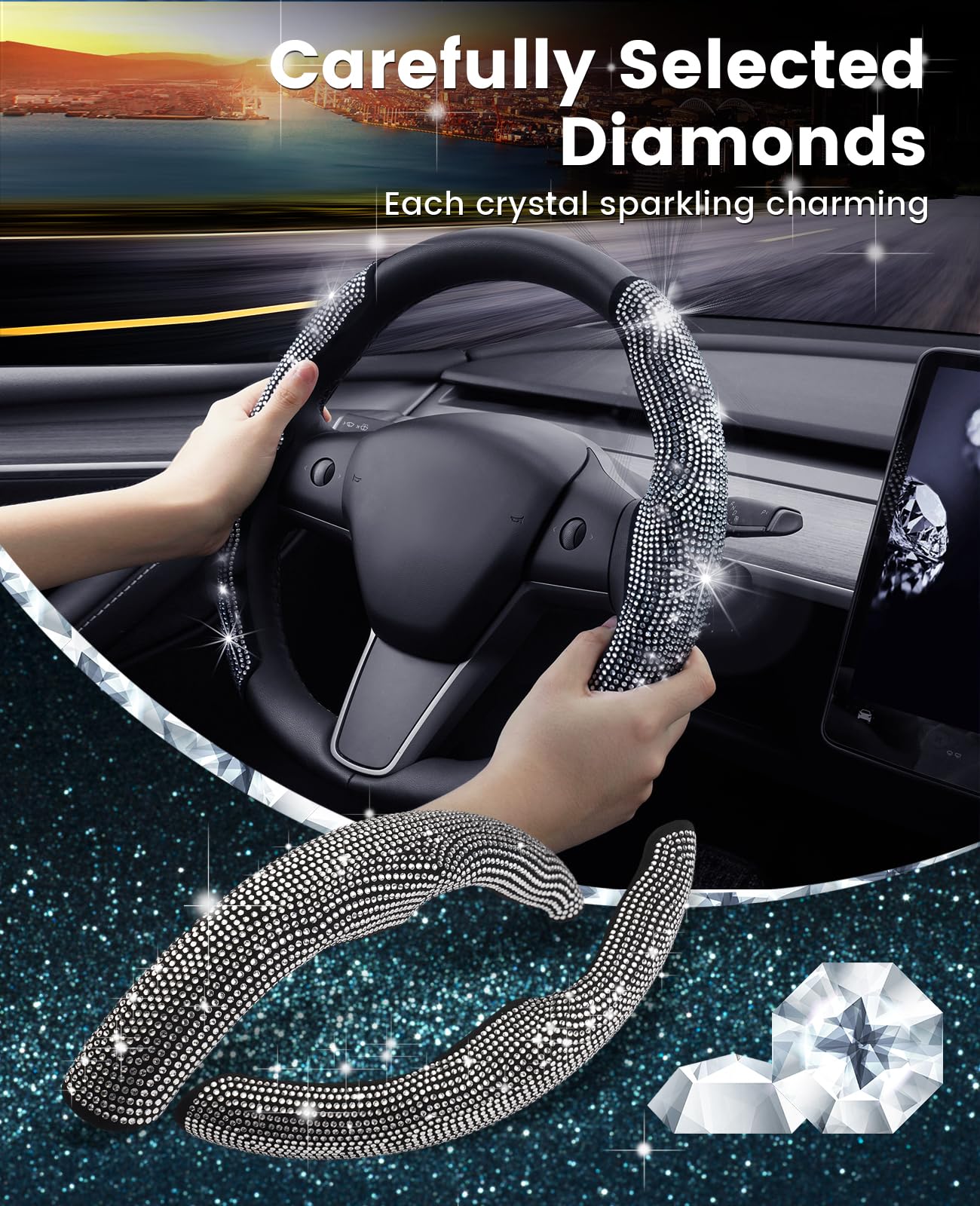 Luxury Diamond Rhinestone Steering Wheel Cover for Tesla Model 3 (2017-2023) & Model Y (2020-2023) - 2PCS Non-Slip Sparkling Car Accessories | Perfect for Women's Gift, Date Night & Luxury Driving Experience
