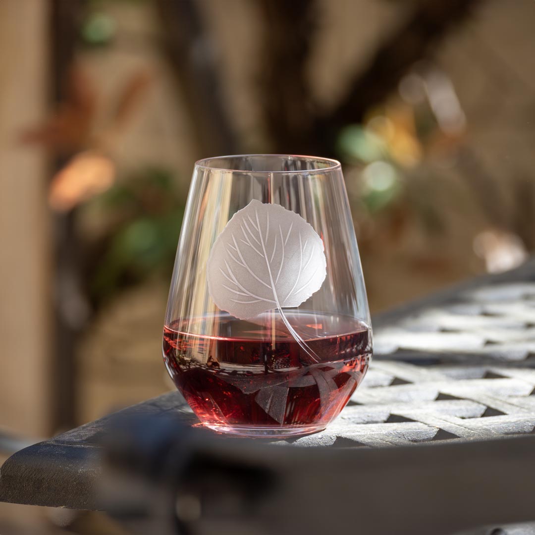 Premium 18oz Stemless Wine Tumbler Glasses Set of 2 - Shatter-Resistant Aspen Leaf Design for Red & White Wine - Perfect for Dinner Parties, Picnics & Outdoor Entertaining