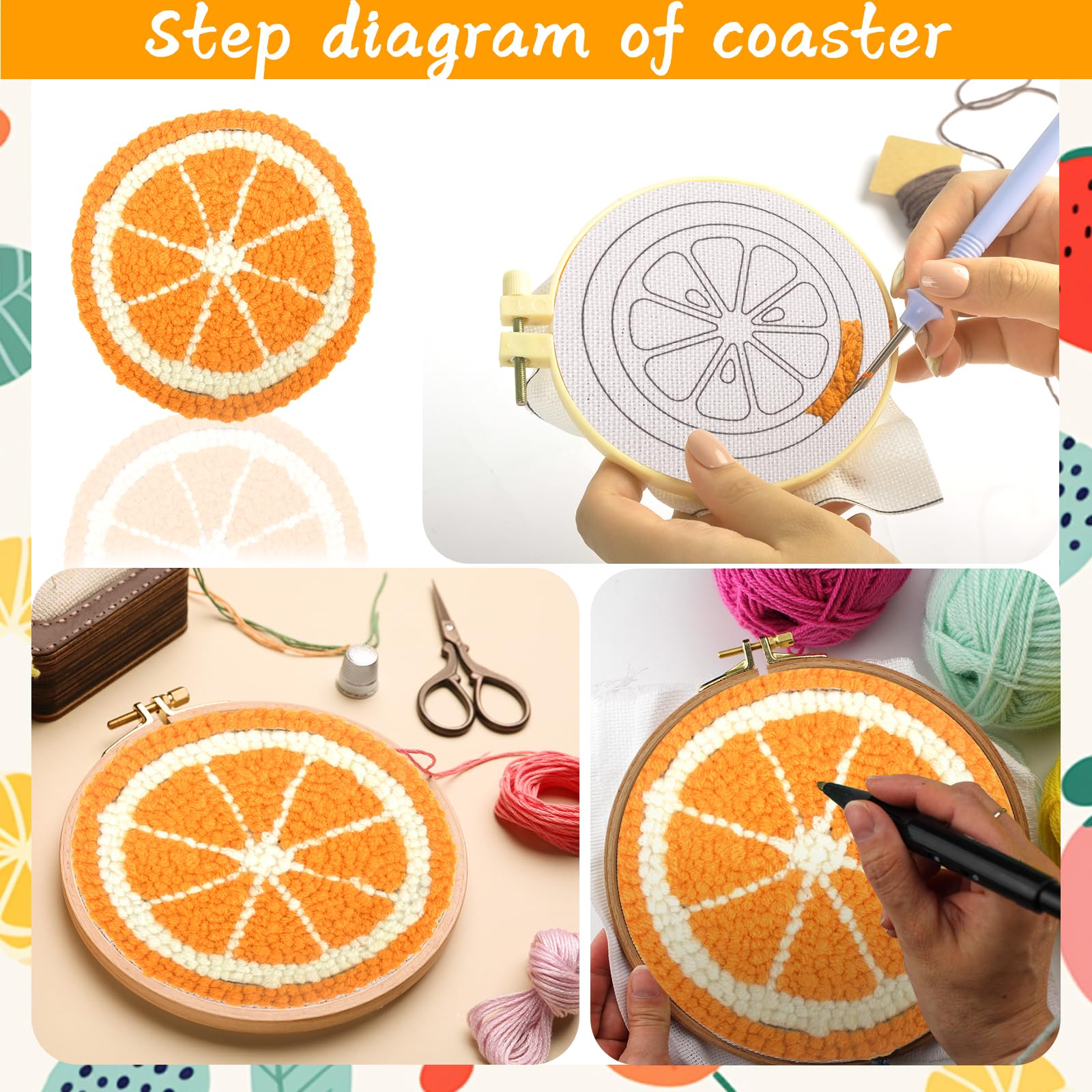 6PCS Punch Needle Coaster Kit for Beginners - DIY Embroidery Coaster Set with Adhesive Felt, Yarn & Hoop Tools - Handmade Tufted Car & Drink Coasters - Perfect for Adults & Kids Crafts, Home Decor & Gift Ideas