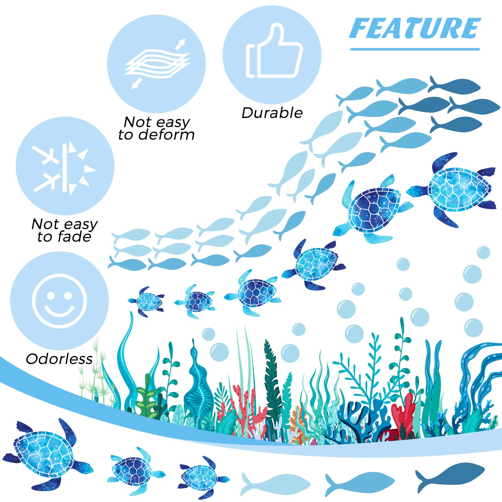 11 Sheets 3D Undersea Marine Life Wall Decals - Turtles, Sea Plants, Fish & Bubbles - Clear Vinyl Wall Stickers for Home Decor - Perfect for Bedroom, Bathroom, Living Room, Nursery & Classroom - Ocean Theme Kids Room Decor