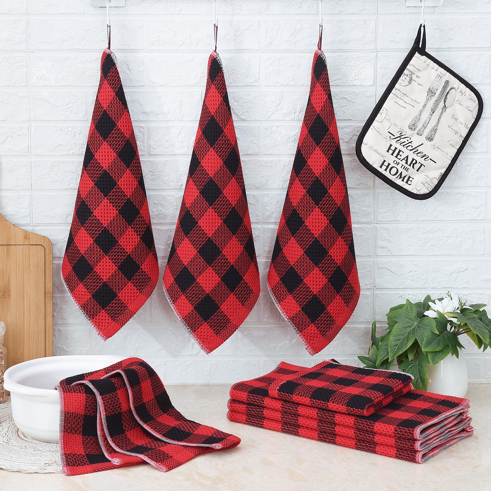 Premium Buffalo Plaid Cotton Kitchen Towels Set - 8 Pack Absorbent Waffle Weave Dishcloths (12