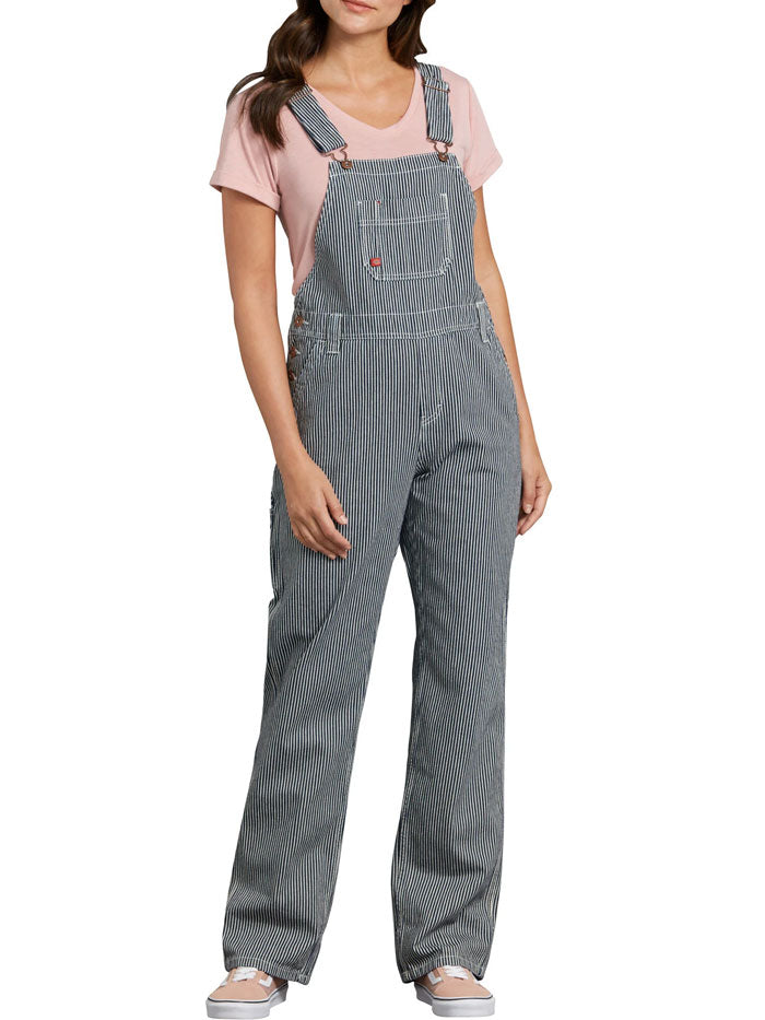 Dickies FB206RHS Women's Relaxed Fit Bib Overalls - Blue White Hickory Stripe Denim Workwear for Gardening, Farming & Casual Wear