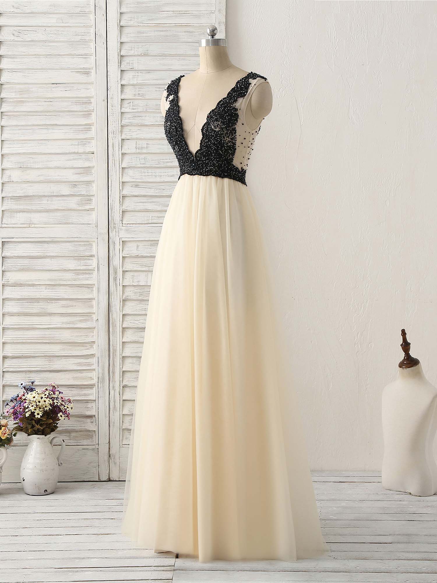 Elegant Light Champagne V-Neck Beaded Tulle Long Prom Dress | Formal Evening Gown for Homecoming, Wedding & Special Occasions