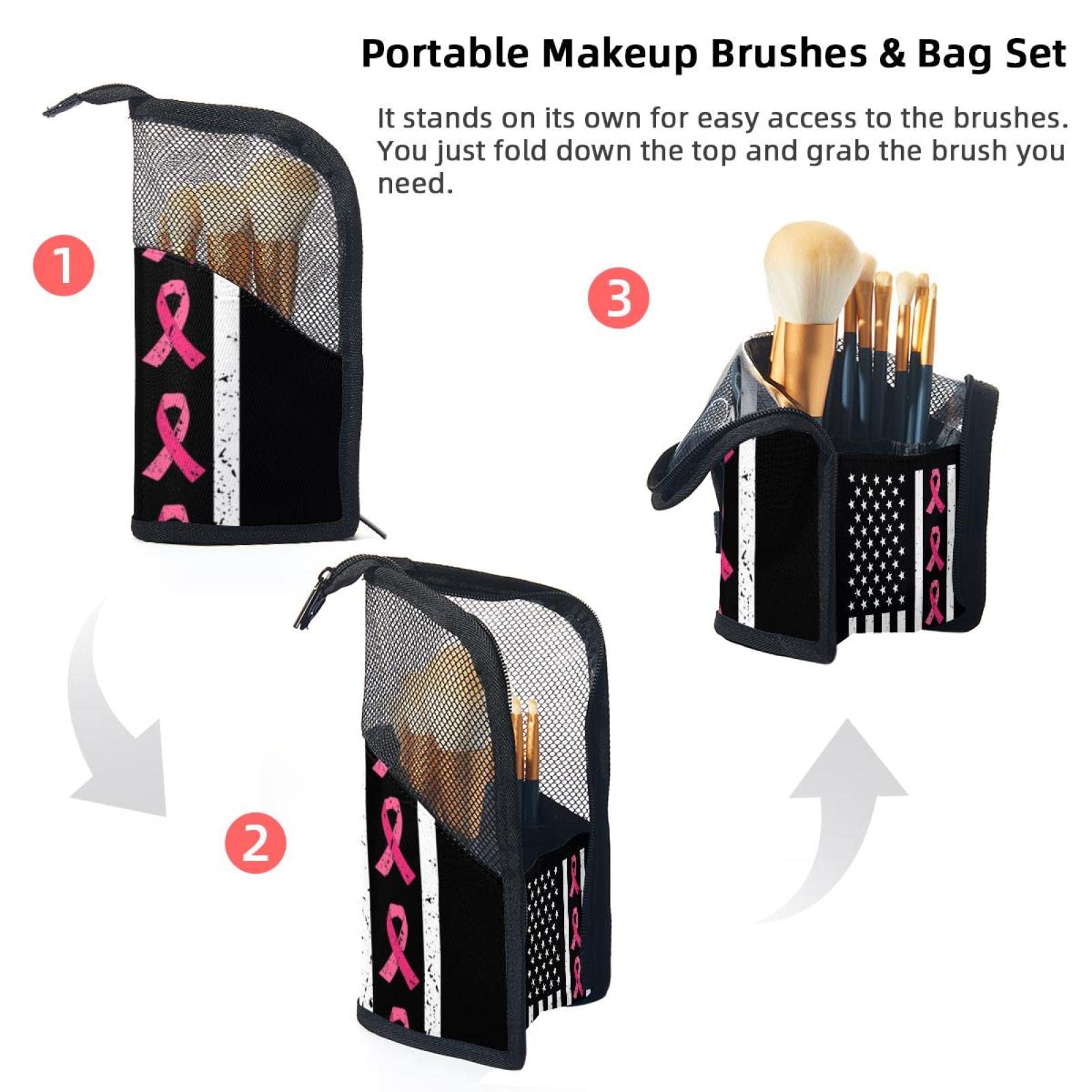 12-Piece Makeup Brush Organizer Bag with Breast Cancer Awareness Ribbon - Portable Travel Cosmetic Brush Holder Case for Professional Makeup Artists & Beauty Enthusiasts (Ideal for Home, Travel & Salon Use)