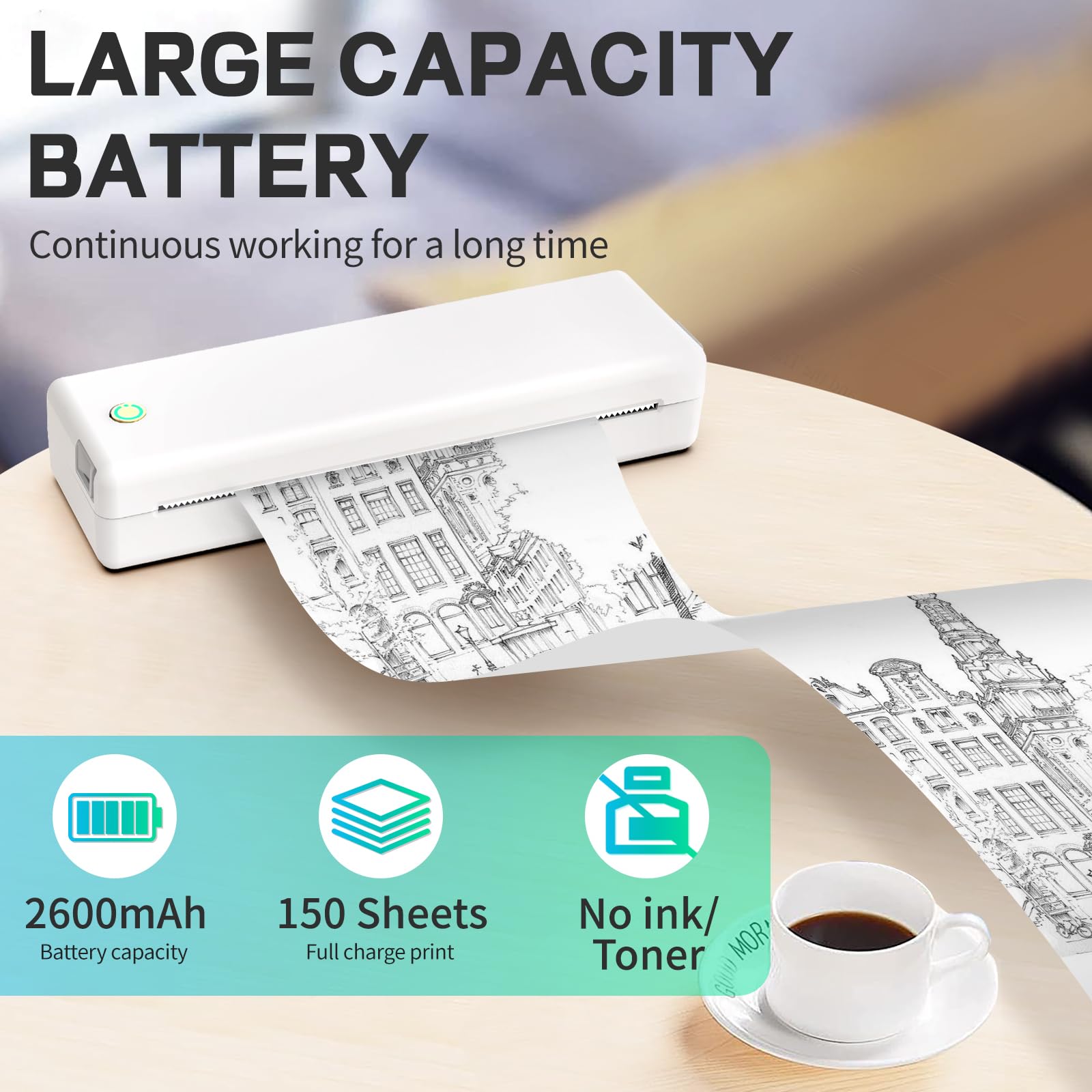 Wireless Bluetooth Thermal Printer - Portable Inkless Printer for Travel & Home, Compatible with Phone, Laptop & Tablet, Supports 8.5