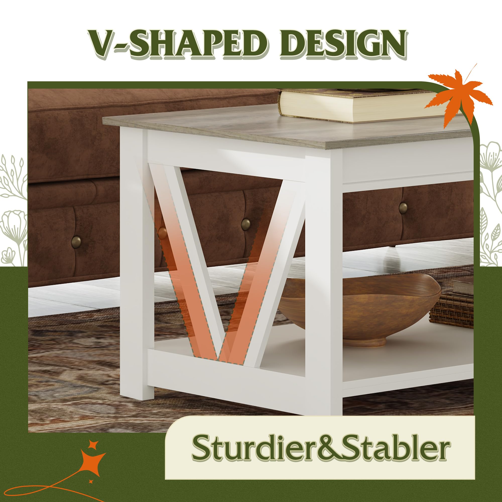 43 Inch Farmhouse Coffee Table with Storage Shelf & V-Shaped Support - Solid Wood Living Room Center Table for Bedroom, Office, Balcony - White | Rustic Home Decor, Perfect for Small Spaces & Coffee Lovers